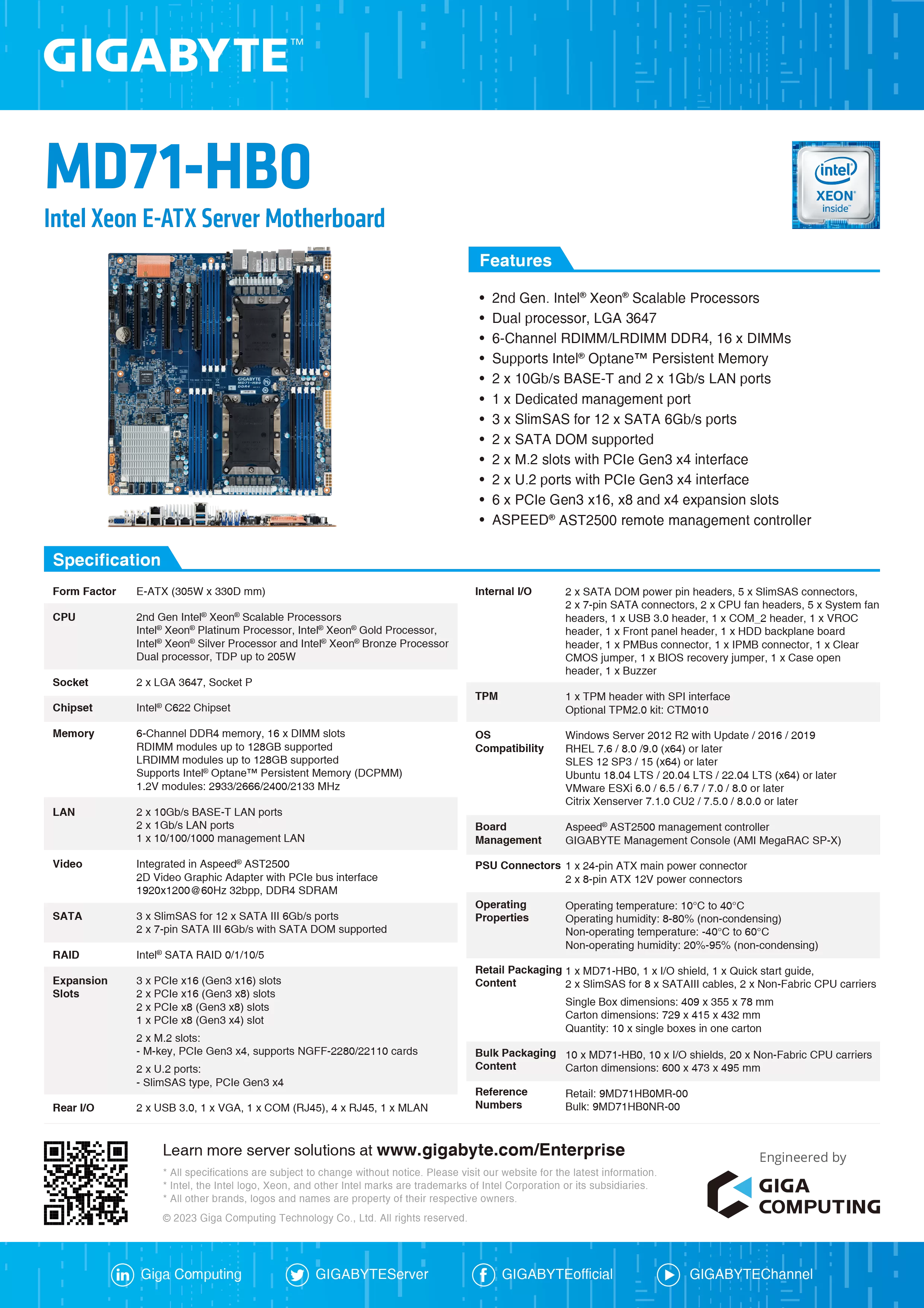 GIGABYTE 技嘉 Intel MD71-HB0 伺服器主機板