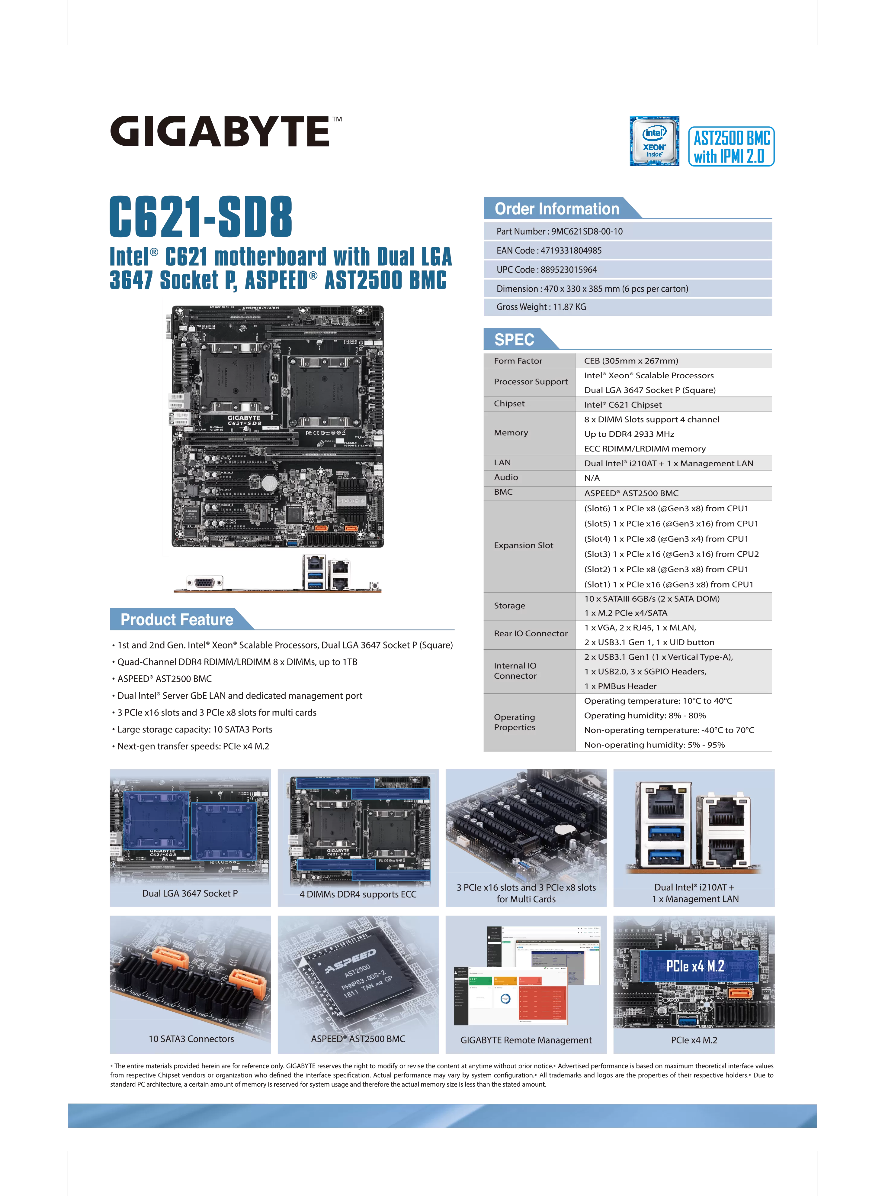GIGABYTE 技嘉 Intel C621-SD8 伺服器主機板