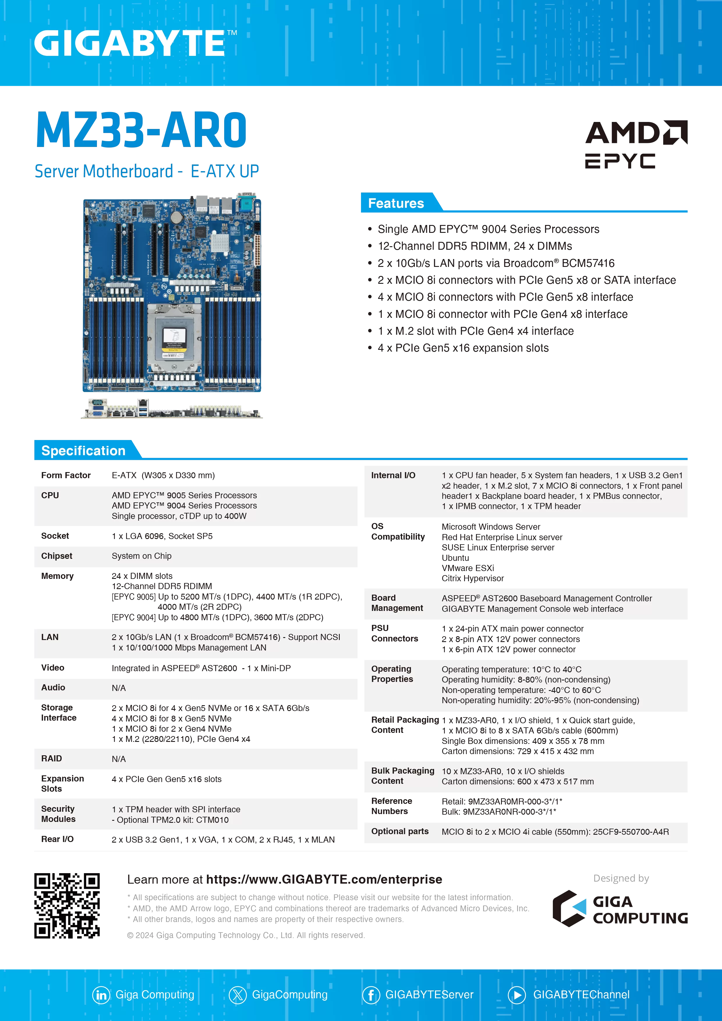 GIGABYTE 技嘉 AMD MZ33-AR0 伺服器主機板