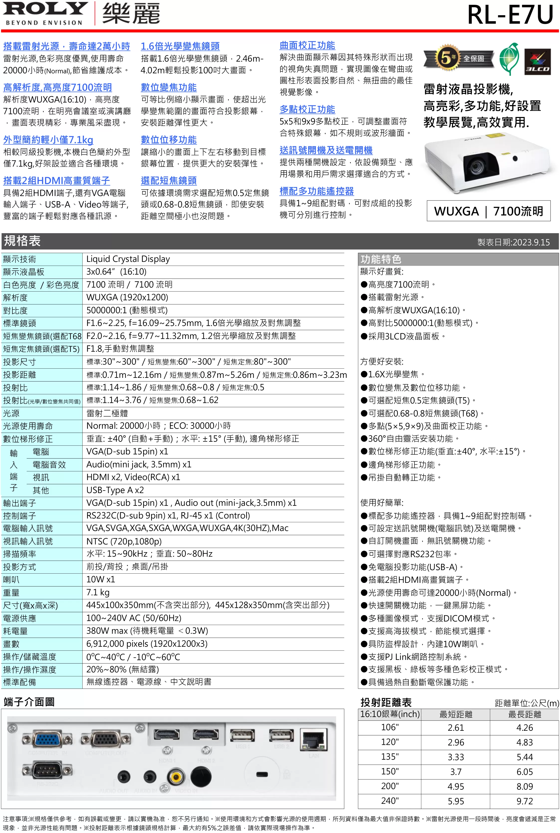 ROLY 樂麗 RL-E7U 教展實用雷射投影機