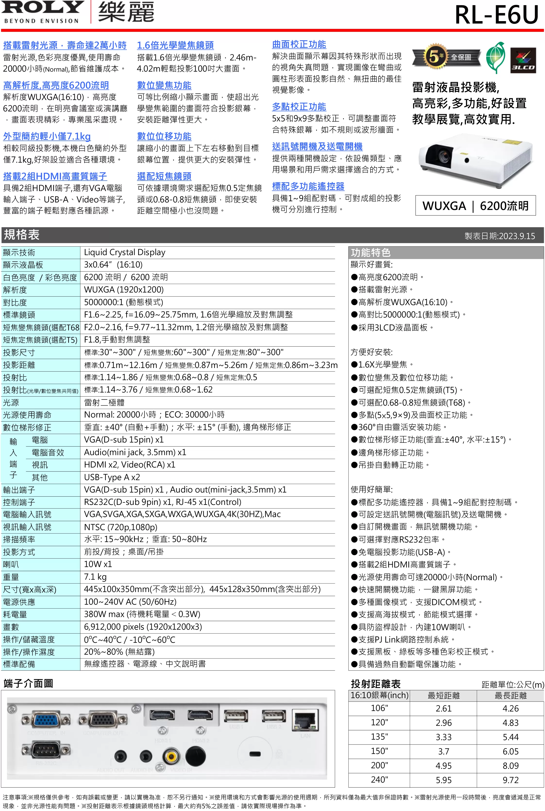 ROLY 樂麗 RL-E6U 教展實用雷射投影機