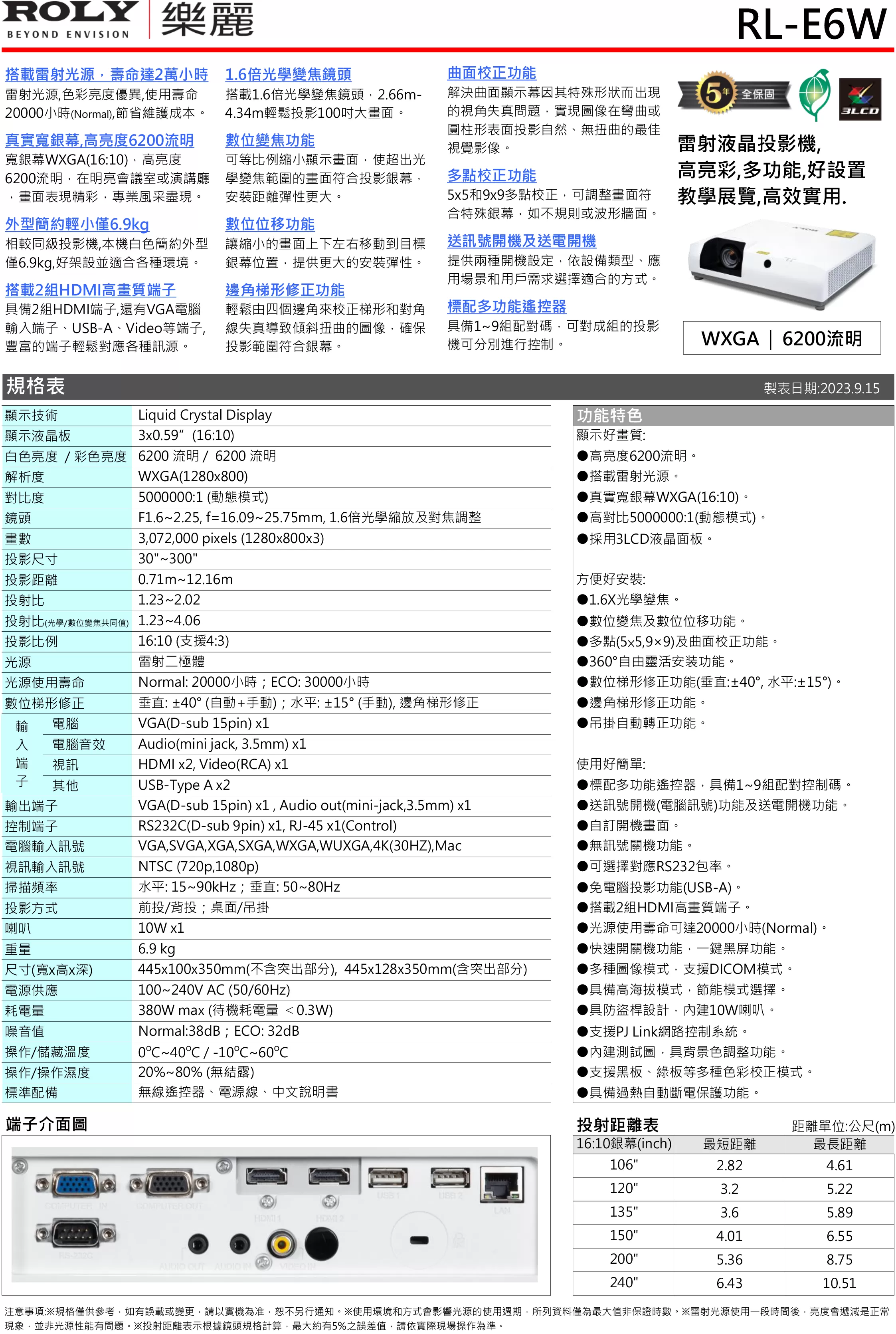 ROLY 樂麗 RL-E6W 教展實用雷射投影機