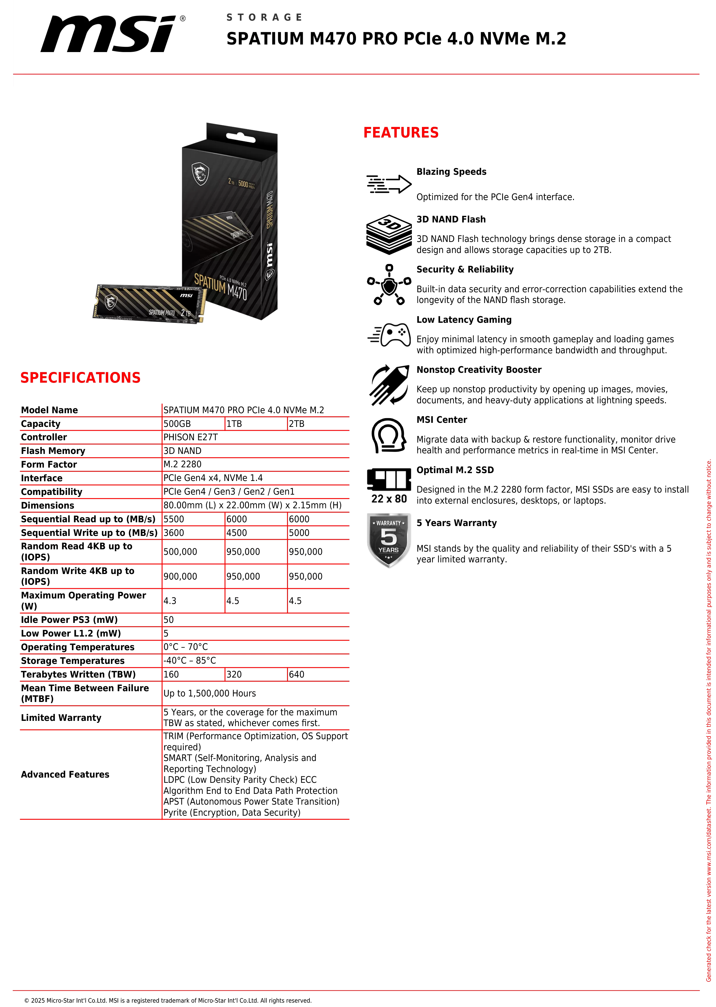 MSI 微星 SPATIUM M470 Pro PCIe 4.0 NVMe M.2 2TB 固態硬碟 SSD