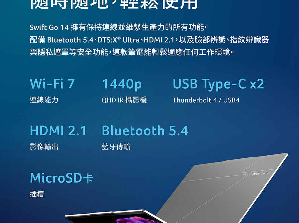 ACER Swift Go系列:SFG14-74-97UR(銀) ( UN.JF8TA.003 )纖薄美型筆電/鋁合金機身,U52390042,ACERSwiftGo系列:SFG14-74-97UR(銀)(UN.JF8TA.003)纖薄美型筆電/鋁合金機身,原廠保固,大量採購歡迎洽詢,品質保證