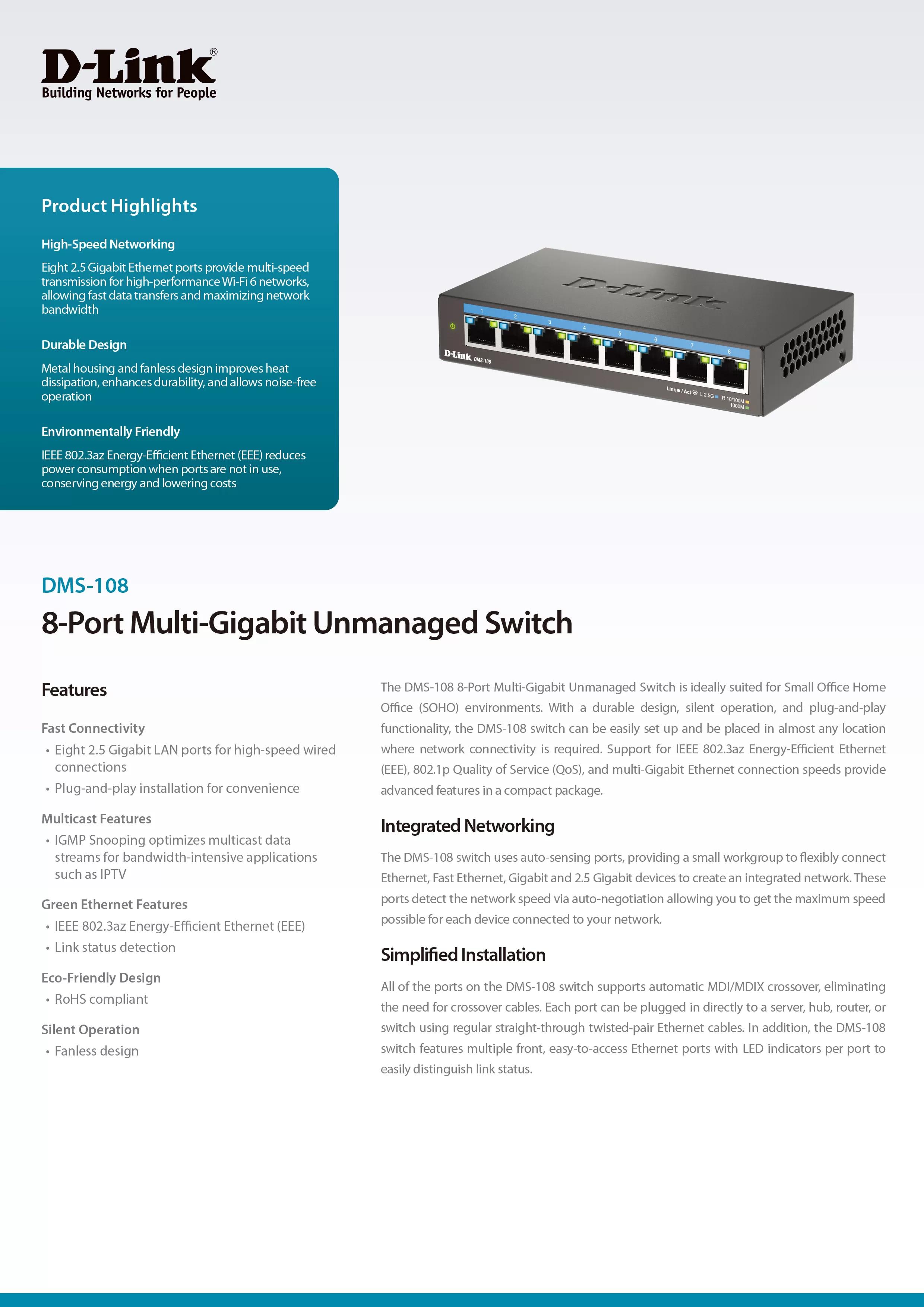 D-Link 友訊 DMS-108 8埠無網管Multi-Gigabit多網速交換器