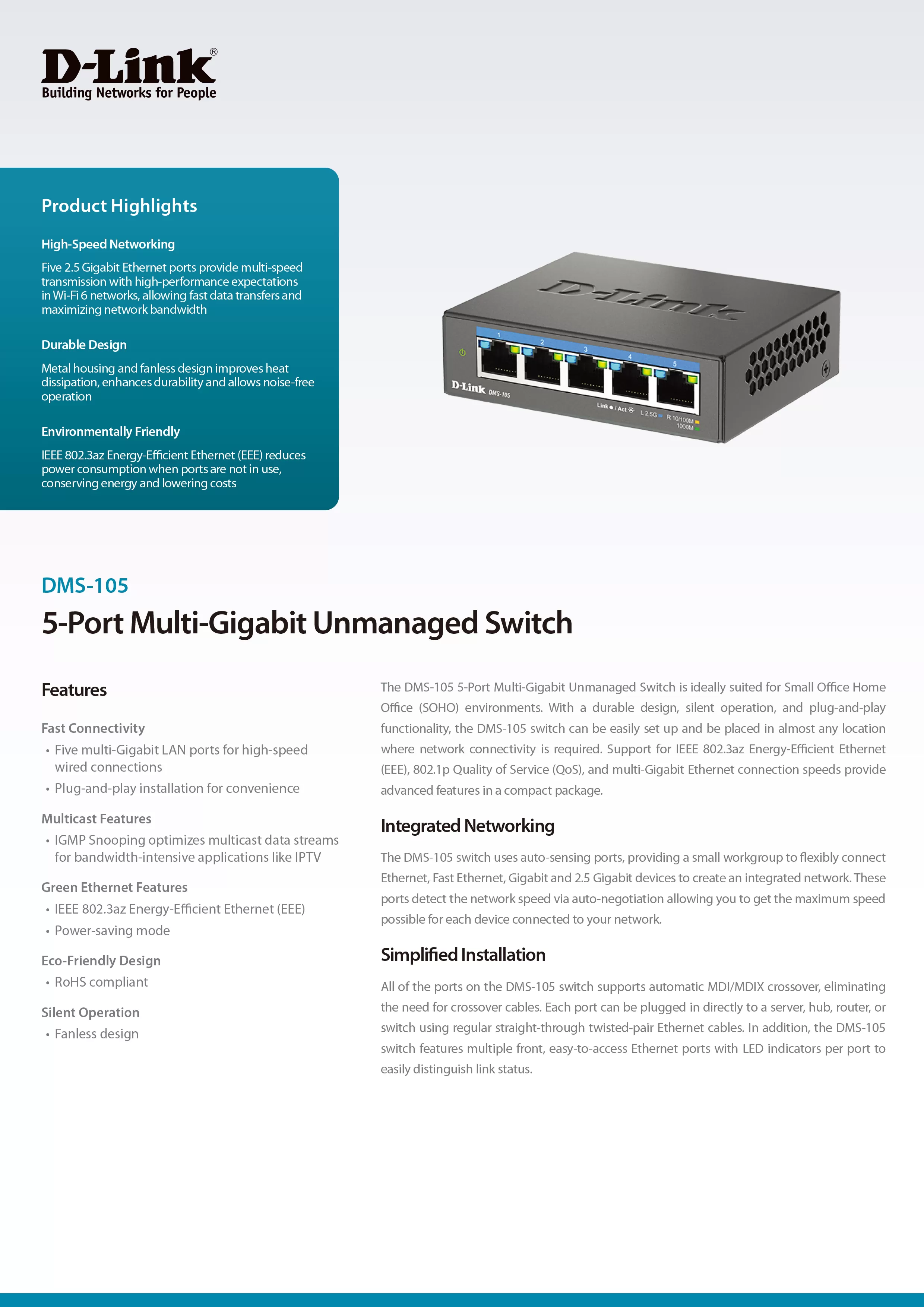 D-Link 友訊 DMS-105 5埠無網管Multi-Gigabit多網速交換器