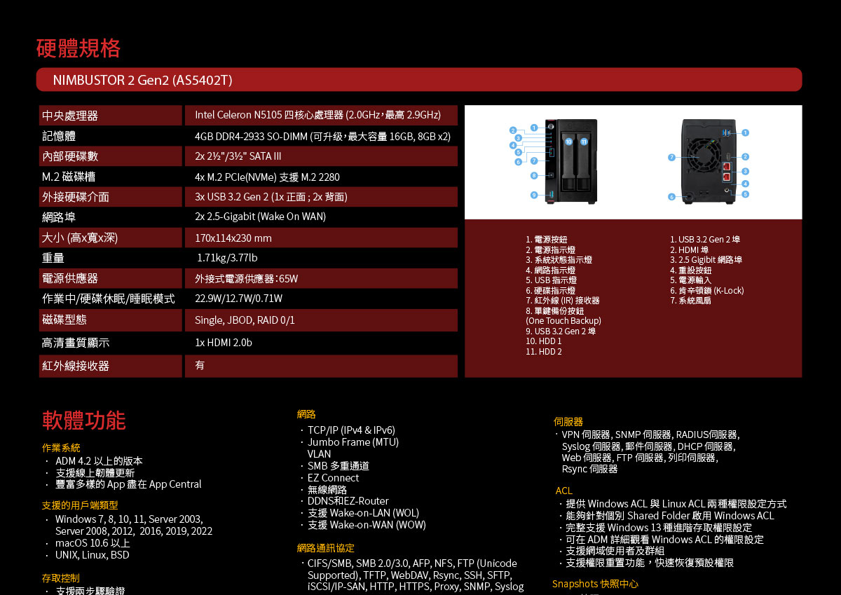 華芸 AS5402T 2Bay NAS 網路儲存伺服器(AS5402T),U52290024,華芸AS5402T2BayNAS網路儲存伺服器(AS5402T),原廠保固,大量採購歡迎洽詢,品質保證