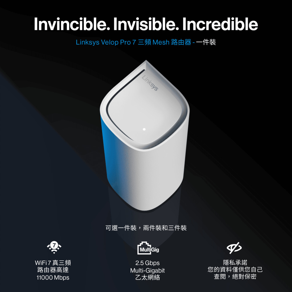 Linksys Velop Pro 7 BE11000 WiFi 7 三頻 2.5G 無線網狀路由器MBE7001-AH(一入),U52540013,LinksysVelopPro7BE11000WiFi7三頻2.5G無線網狀路由器MBE7001-AH(一入),原廠保固,大量採購歡迎洽詢,品質保證