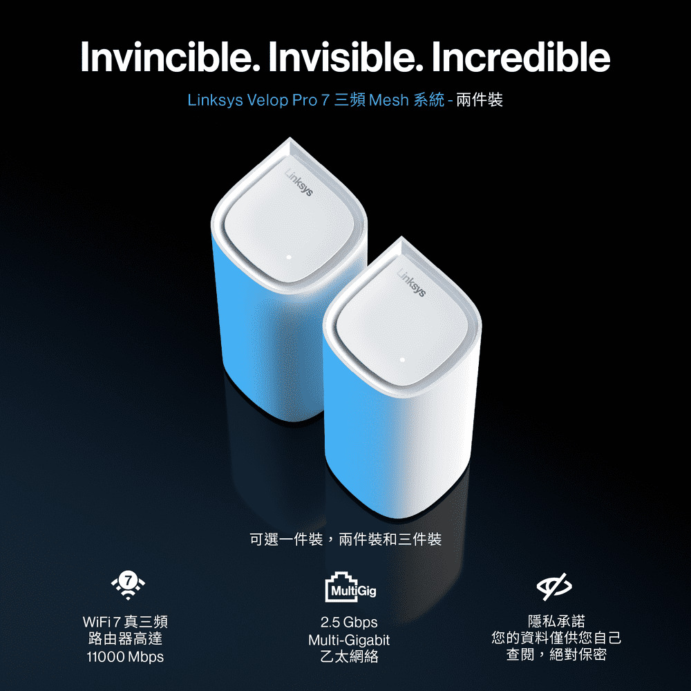 Linksys Velop Pro 7 BE11000 WiFi 7 三頻 2.5G 無線網狀路由器MBE7002-AH(兩入),U52540014,LinksysVelopPro7BE11000WiFi7三頻2.5G無線網狀路由器MBE7002-AH(兩入),原廠保固,大量採購歡迎洽詢,品質保證