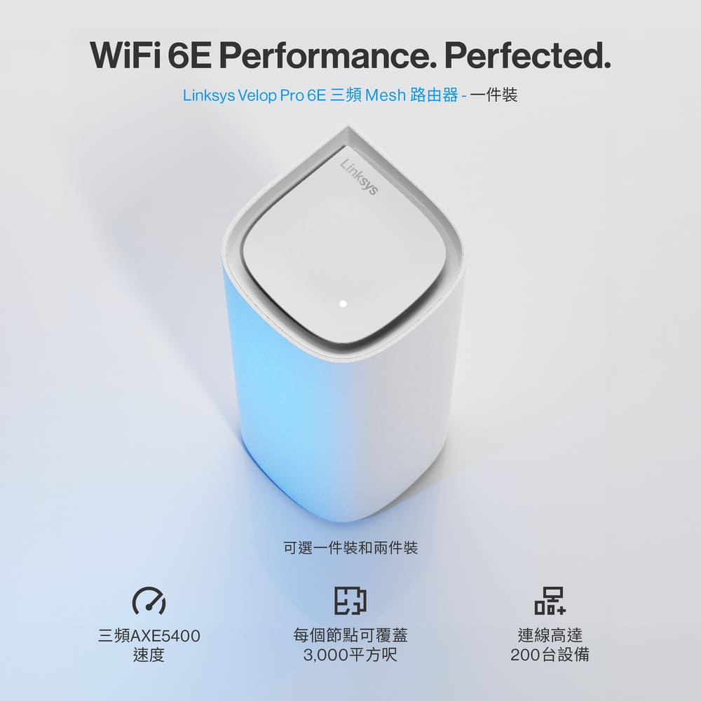 Linksys Velop Pro AXE5400 WiFi 6E 三頻 無線網狀路由器MX6201-AH(一入),U52540015,LinksysVelopProAXE5400WiFi6E三頻無線網狀路由器MX6201-AH(一入),原廠保固,大量採購歡迎洽詢,品質保證