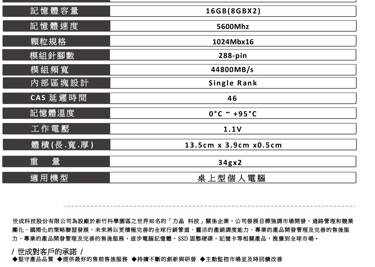 UMAX DDR5 5600 16GB (8GX2) 1024X16 桌上型記憶體