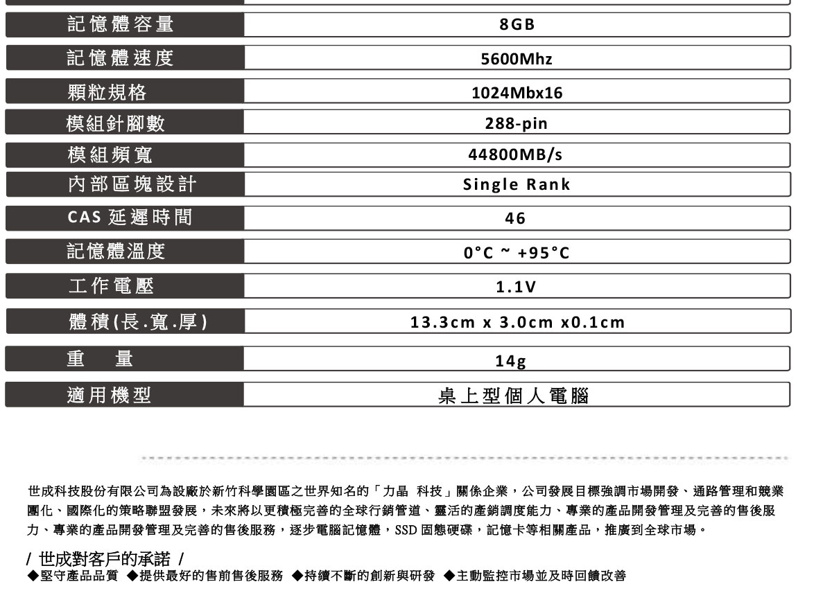UMAX DDR5 5600 8GB 1024X16 桌上型記憶體