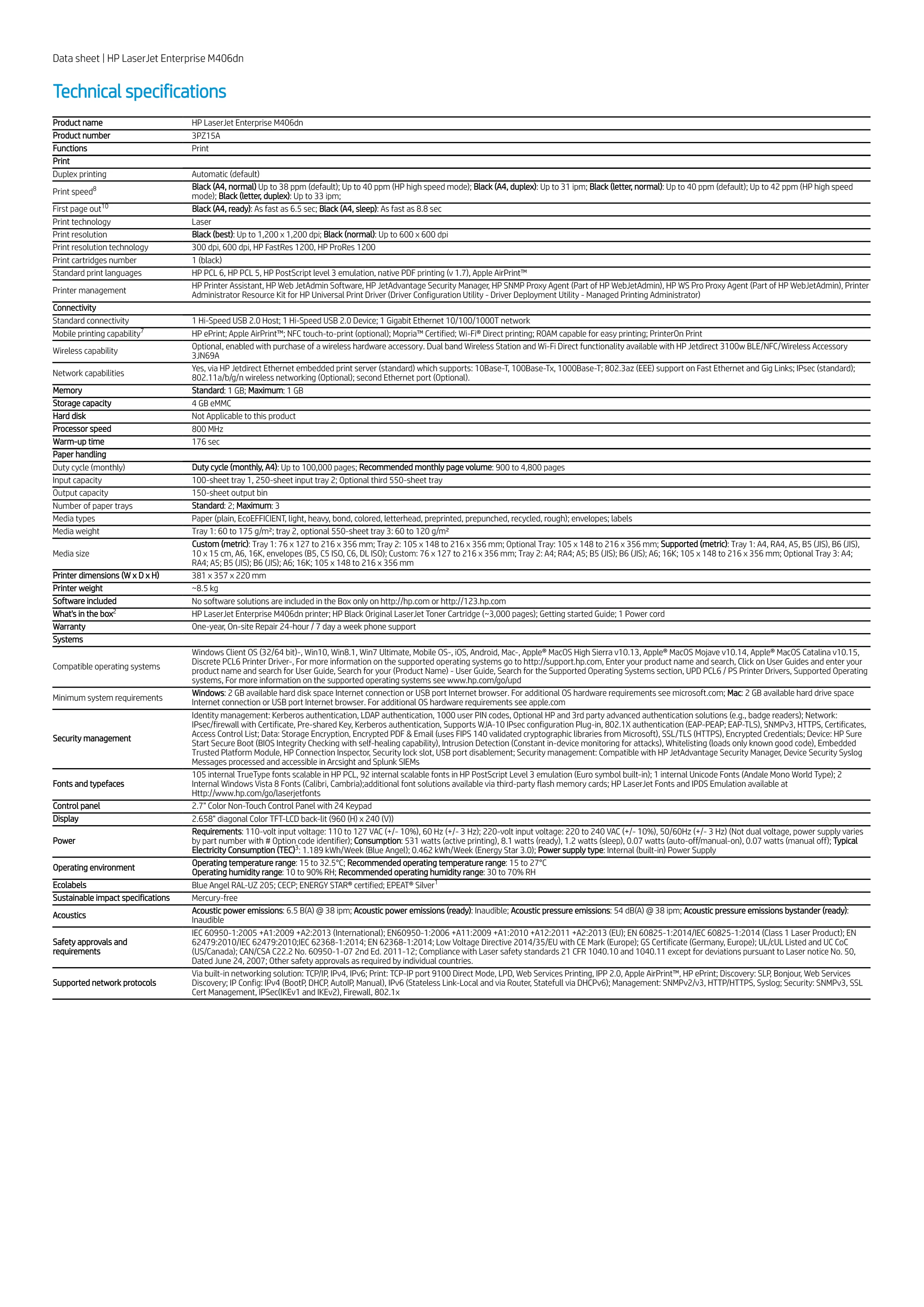 HP 惠普 LaserJet Enterprise M406dn 黑白雷射印表機 (3PZ15A)