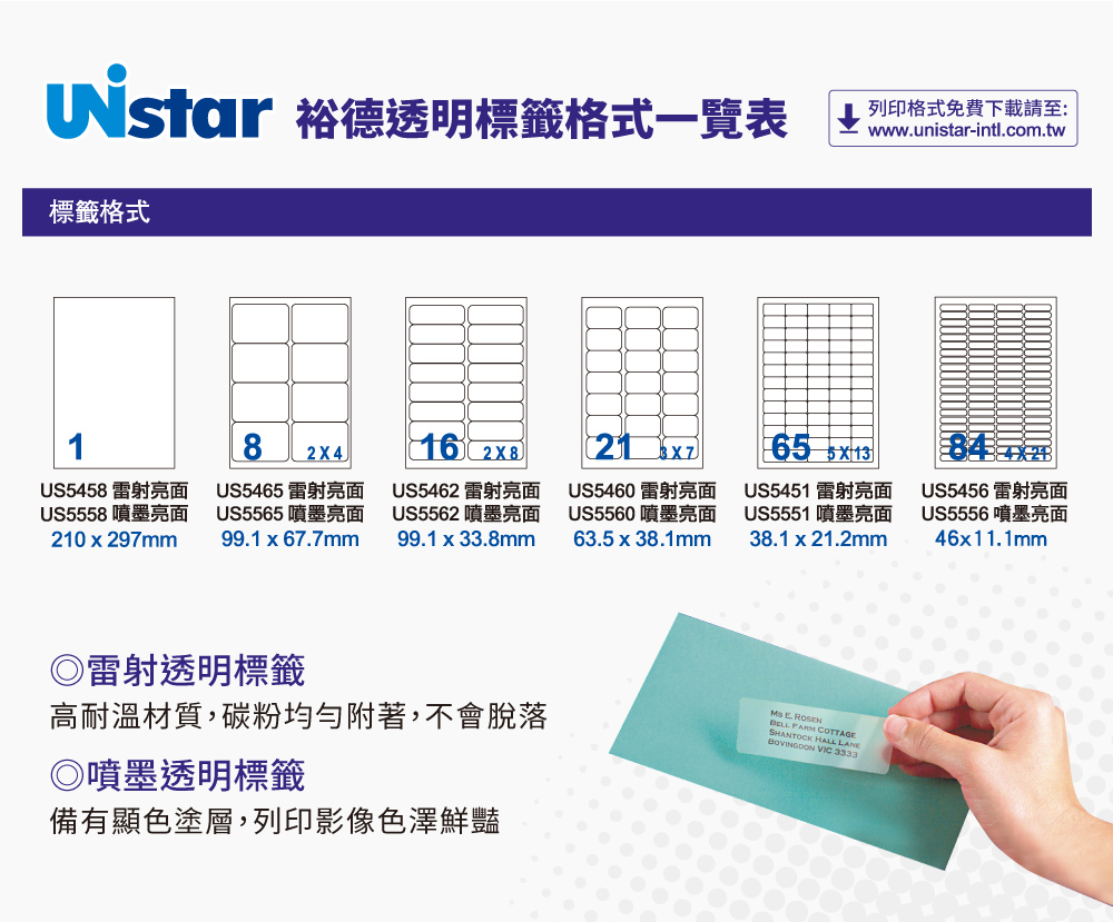 Unistar 裕德 US5560 噴墨專用亮面透明標籤