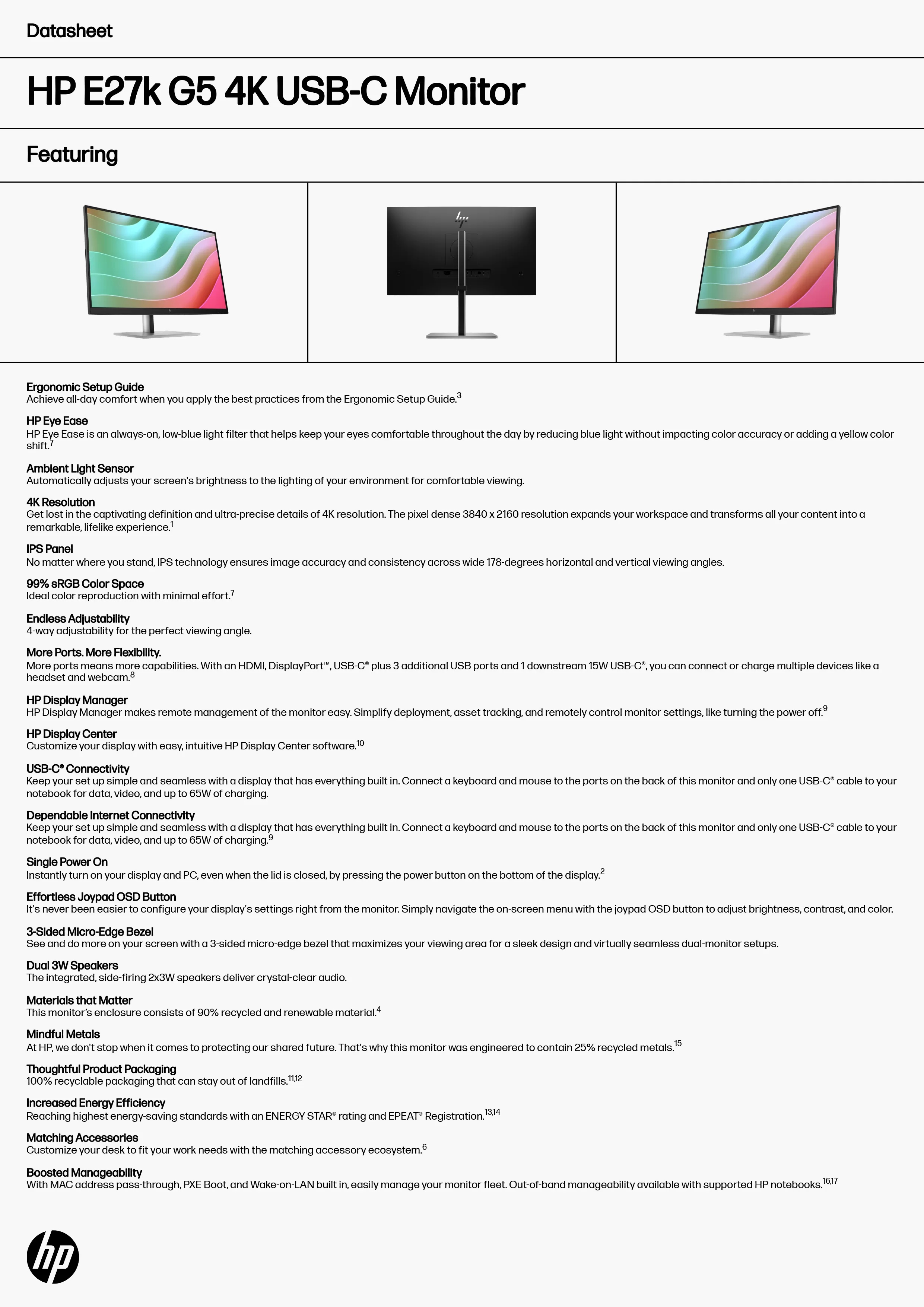 HP 惠普 E27k G5 4K USB-C 顯示器 (6N4C4AA)