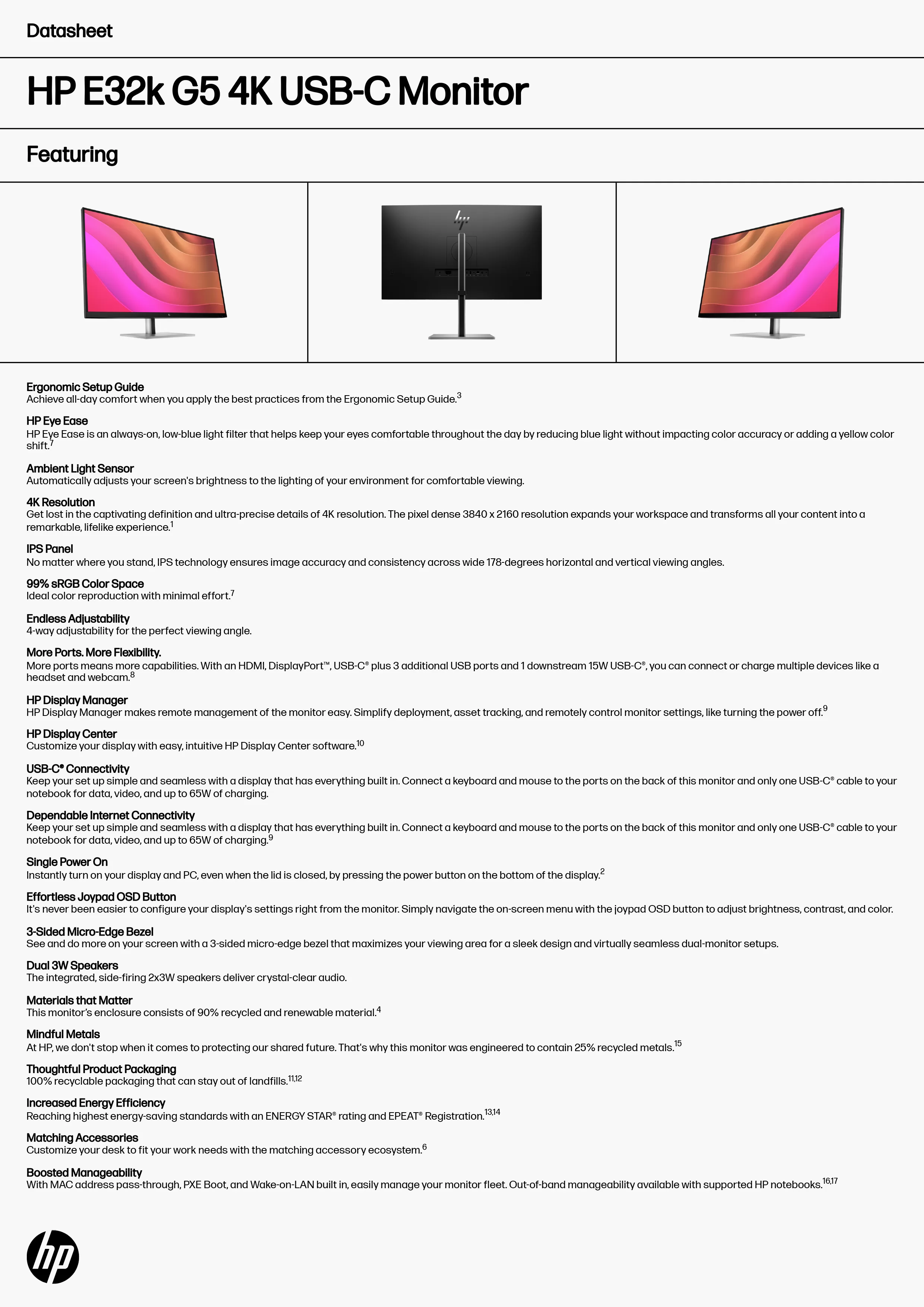 HP 惠普 E32k G5 4K USB-C 顯示器 (6N4D6AA)