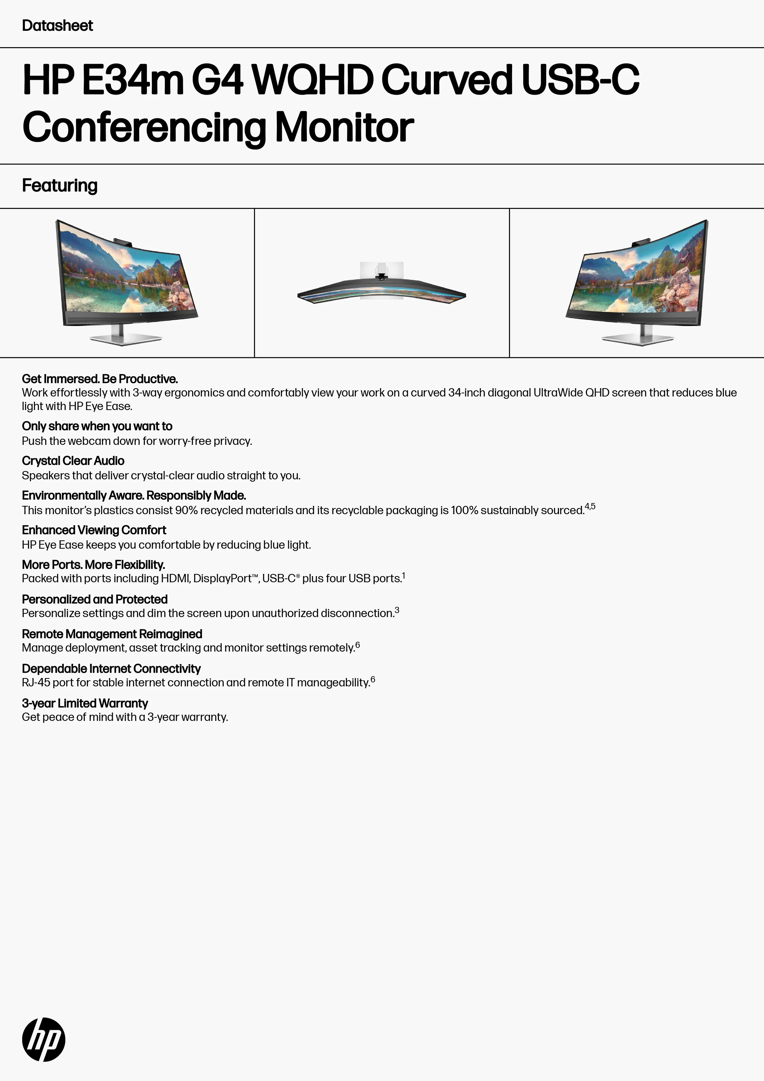 HP 惠普 E34m G4 WQHD Curved USB-C 會議型曲面顯示器 (40Z26AA)