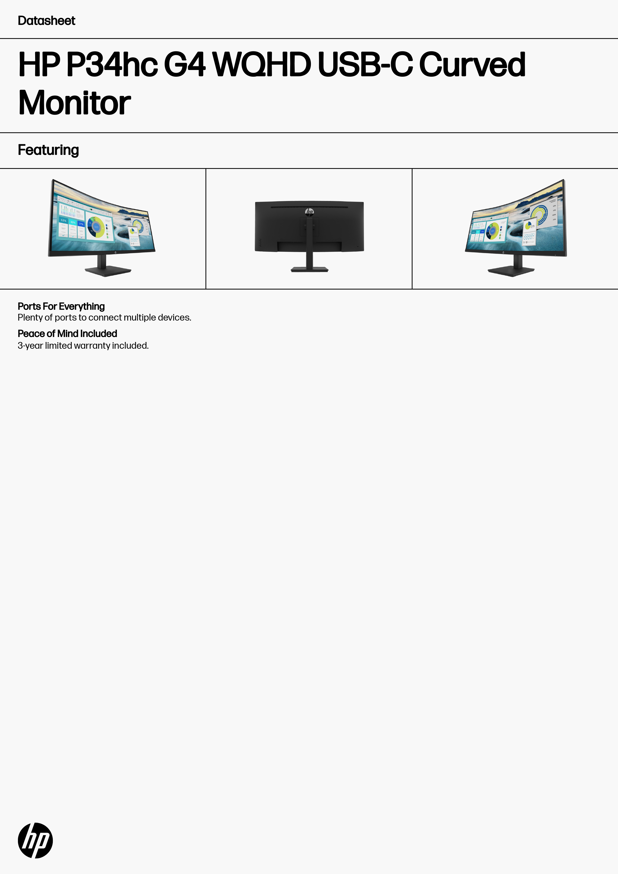 HP 惠普 P34hc G4 WQHD USB-C 曲面顯示器 (21Y56AA)