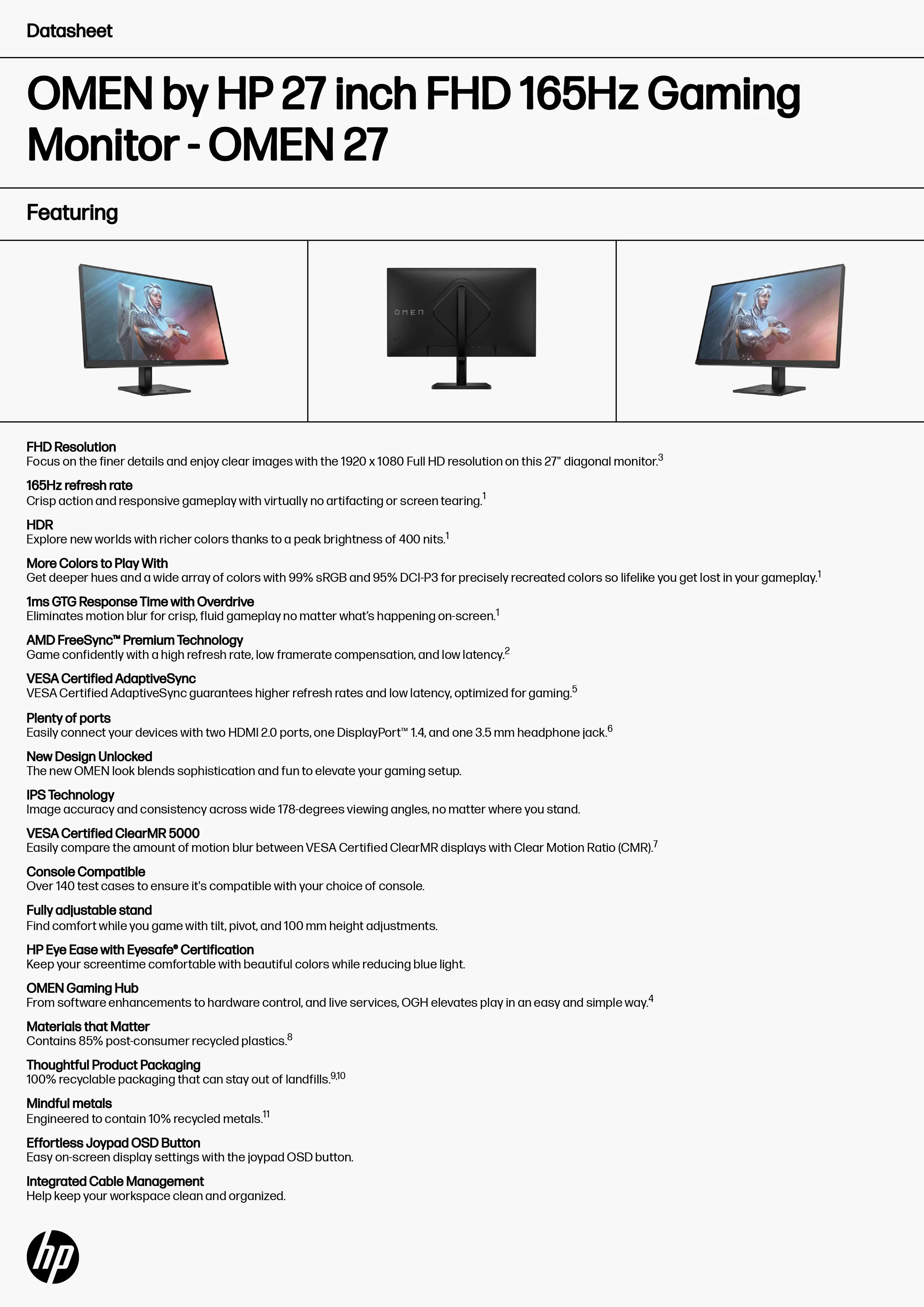 HP 惠普 OMEN 27 27 吋 FHD 165Hz 電競顯示器 (780G0AA)