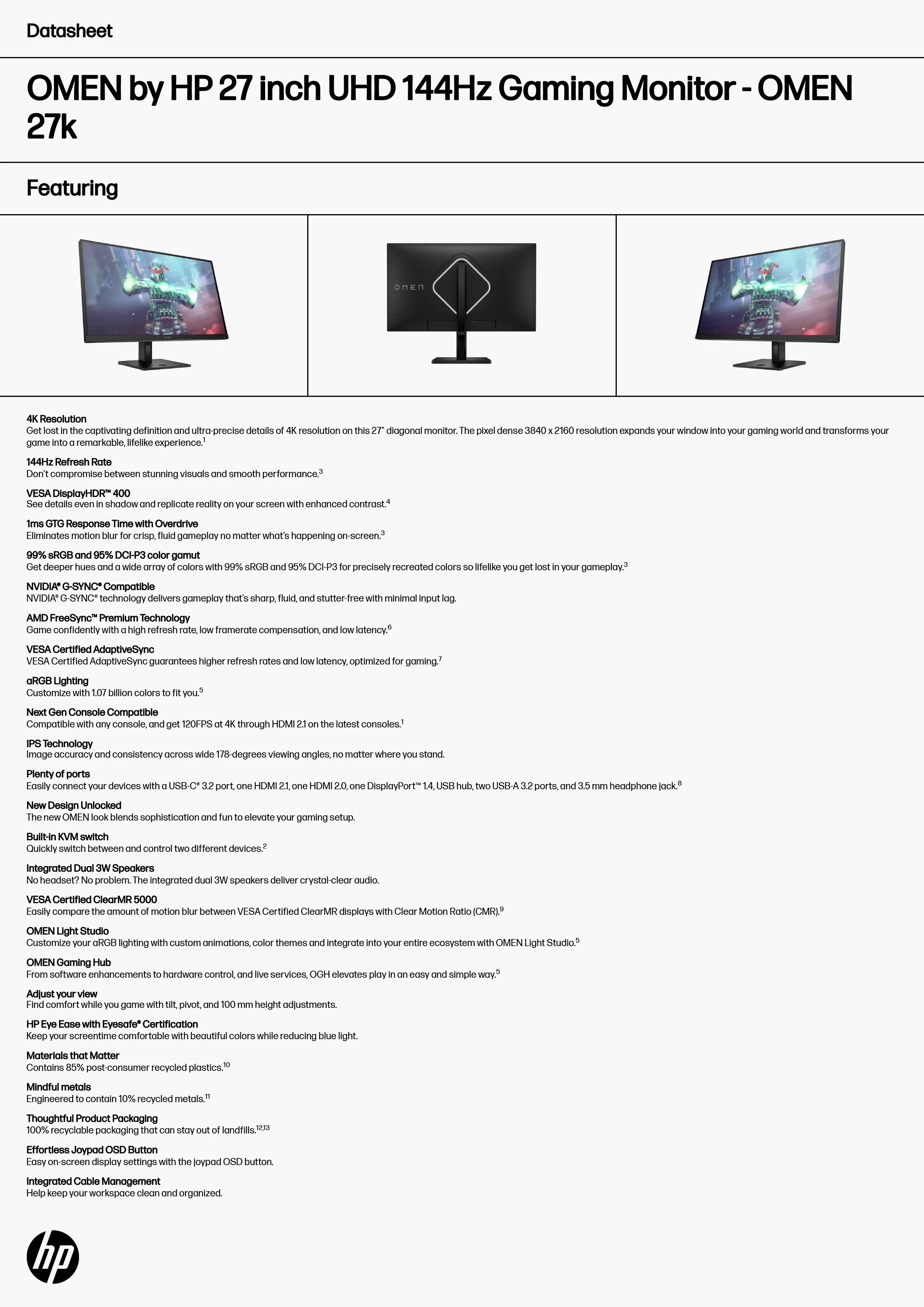 HP 惠普 OMEN 27k 27 吋 QHD 144Hz 電競顯示器 (780G9AA)