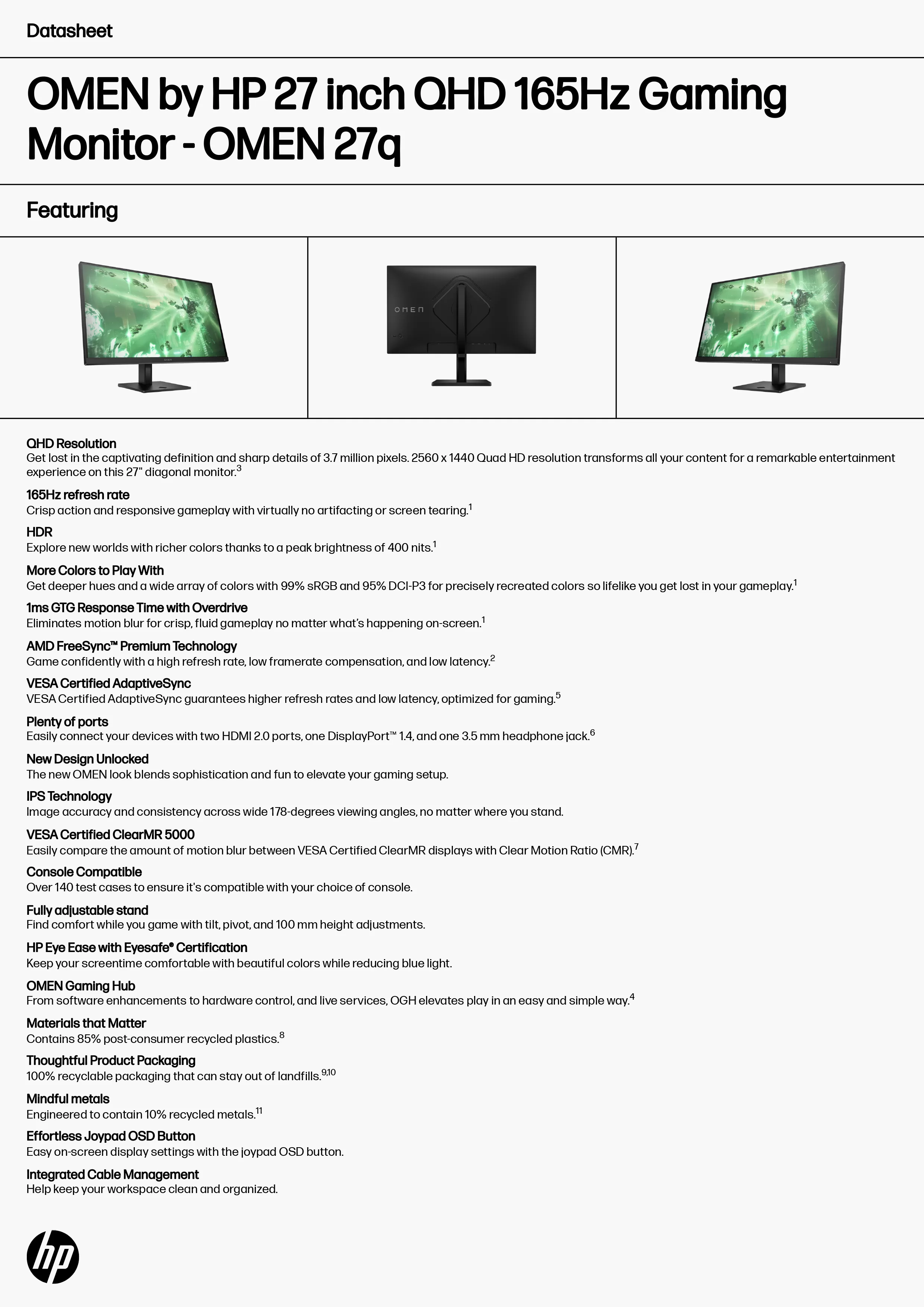 HP 惠普 OMEN 27q 27 吋 QHD 165Hz 電競顯示器 (780H5AA)