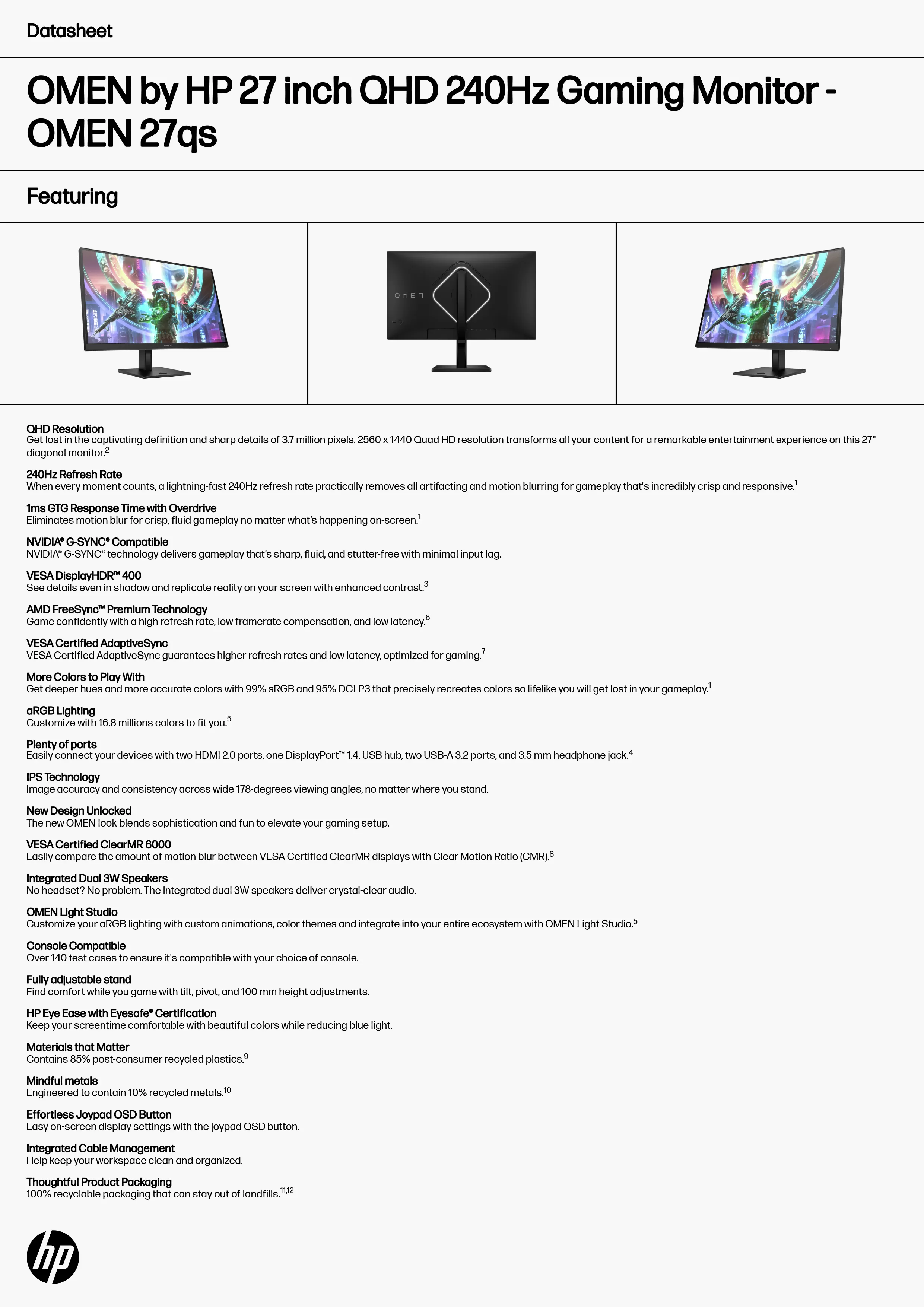 HP 惠普 OMEN 27qs 27 吋 QHD 240Hz 電競顯示器 (780J5AA)