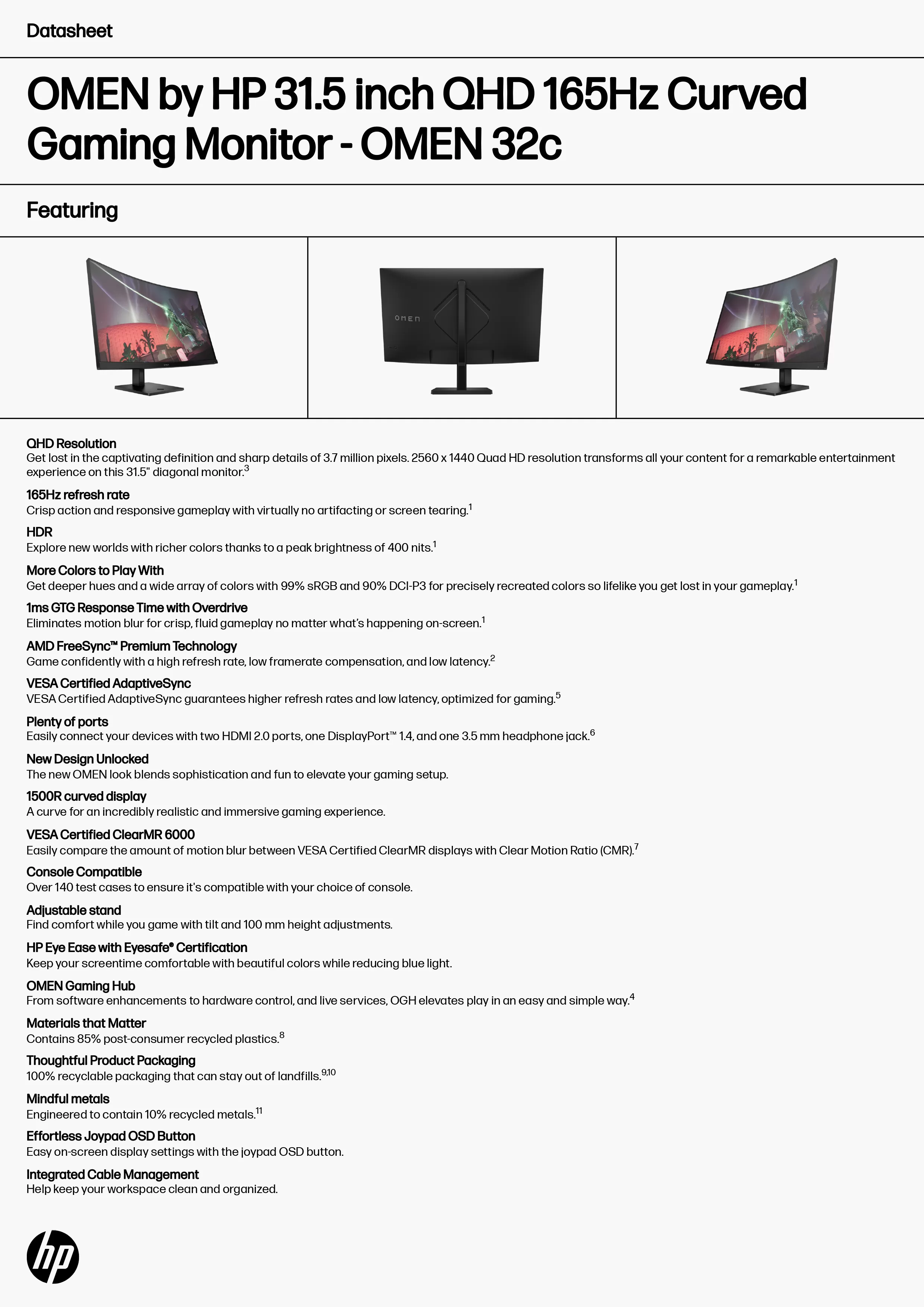 HP 惠普 OMEN 32c 31.5 吋 QHD 165Hz 電競曲面顯示器 (780K7AA)