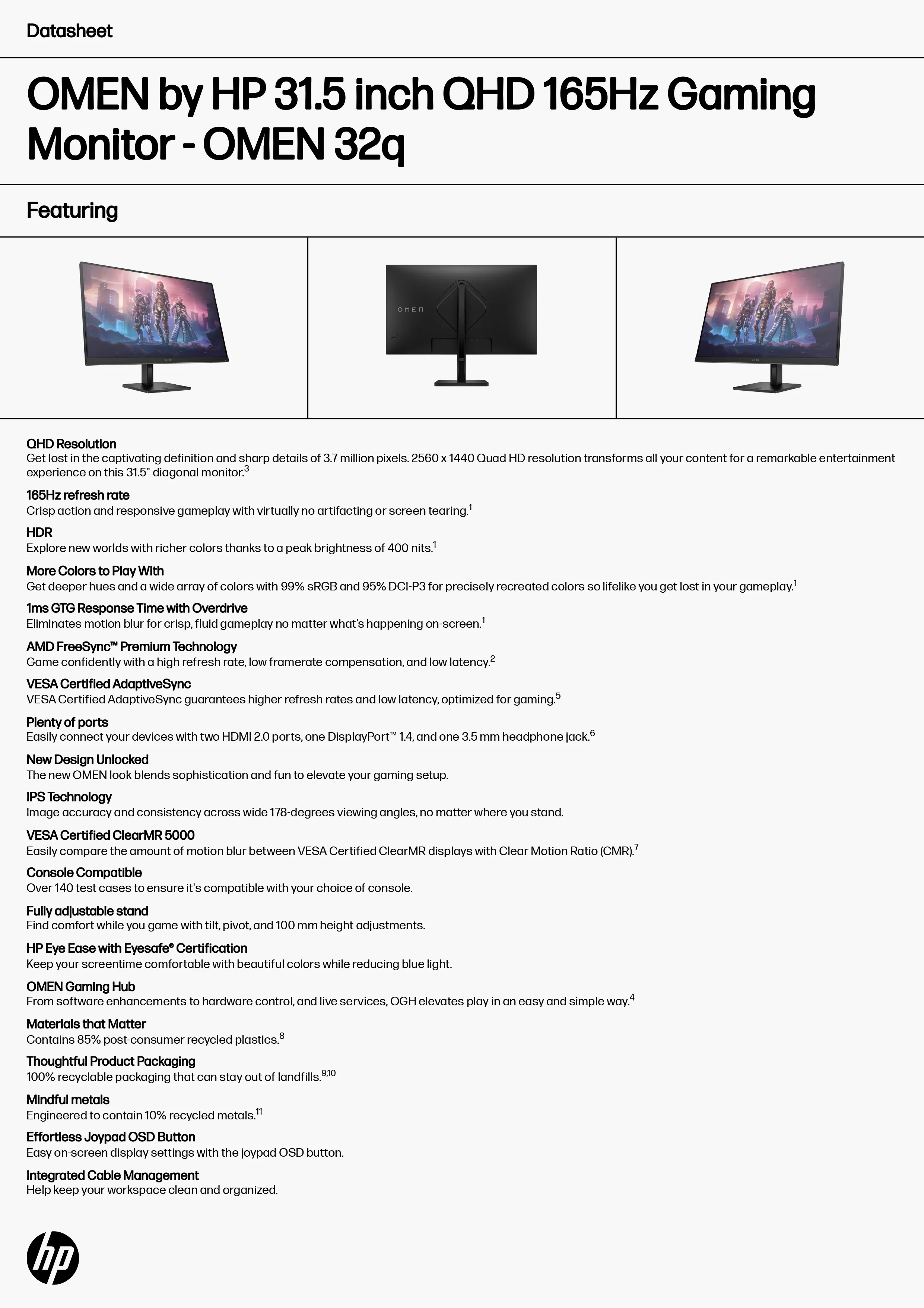 HP 惠普 OMEN 32q 31.5 吋 QHD 165Hz 電競顯示器 (780K1AA)