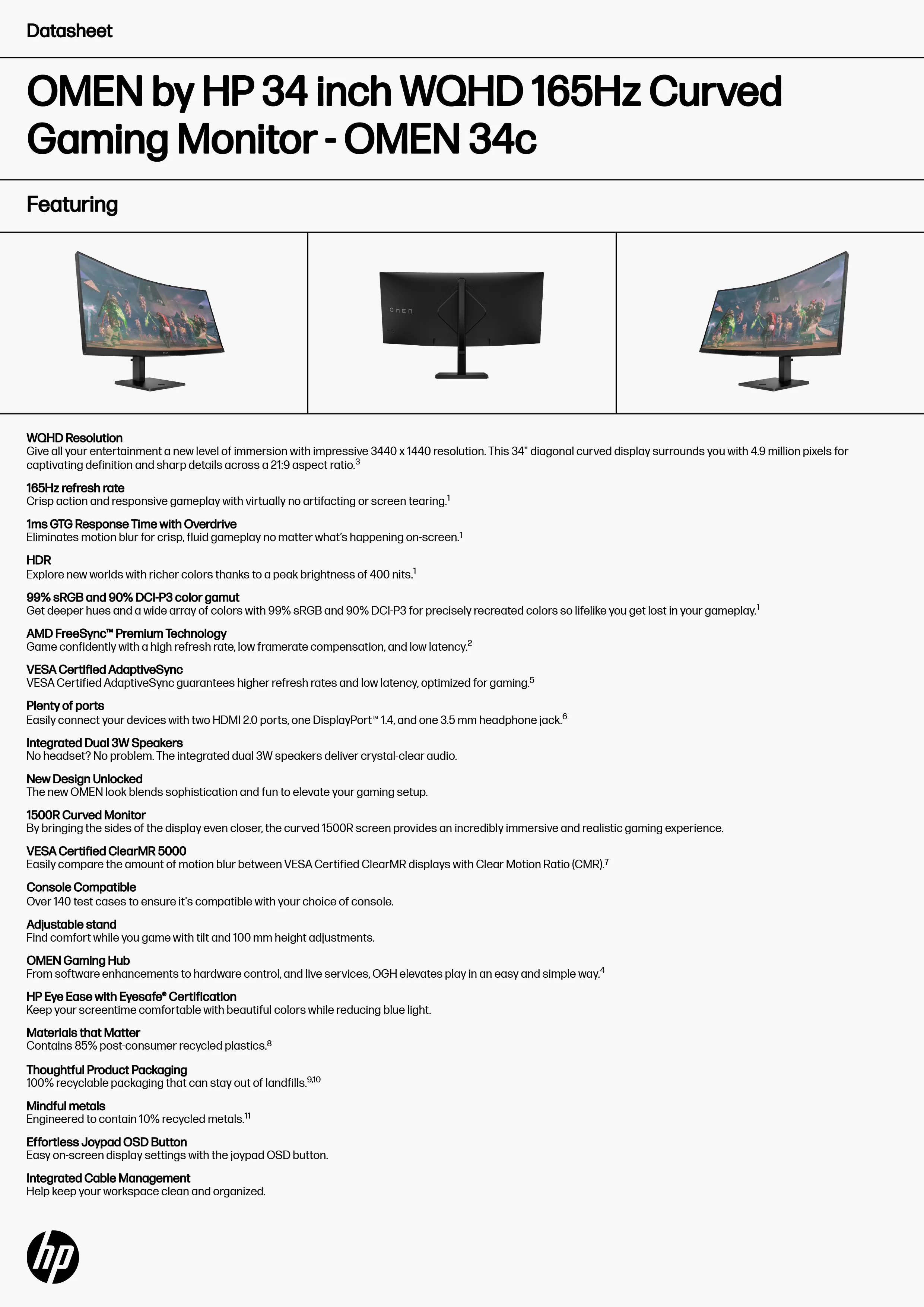 HP 惠普 OMEN 34c 34 吋 WQHD 165Hz 曲面電競顯示器 (780K9AA)