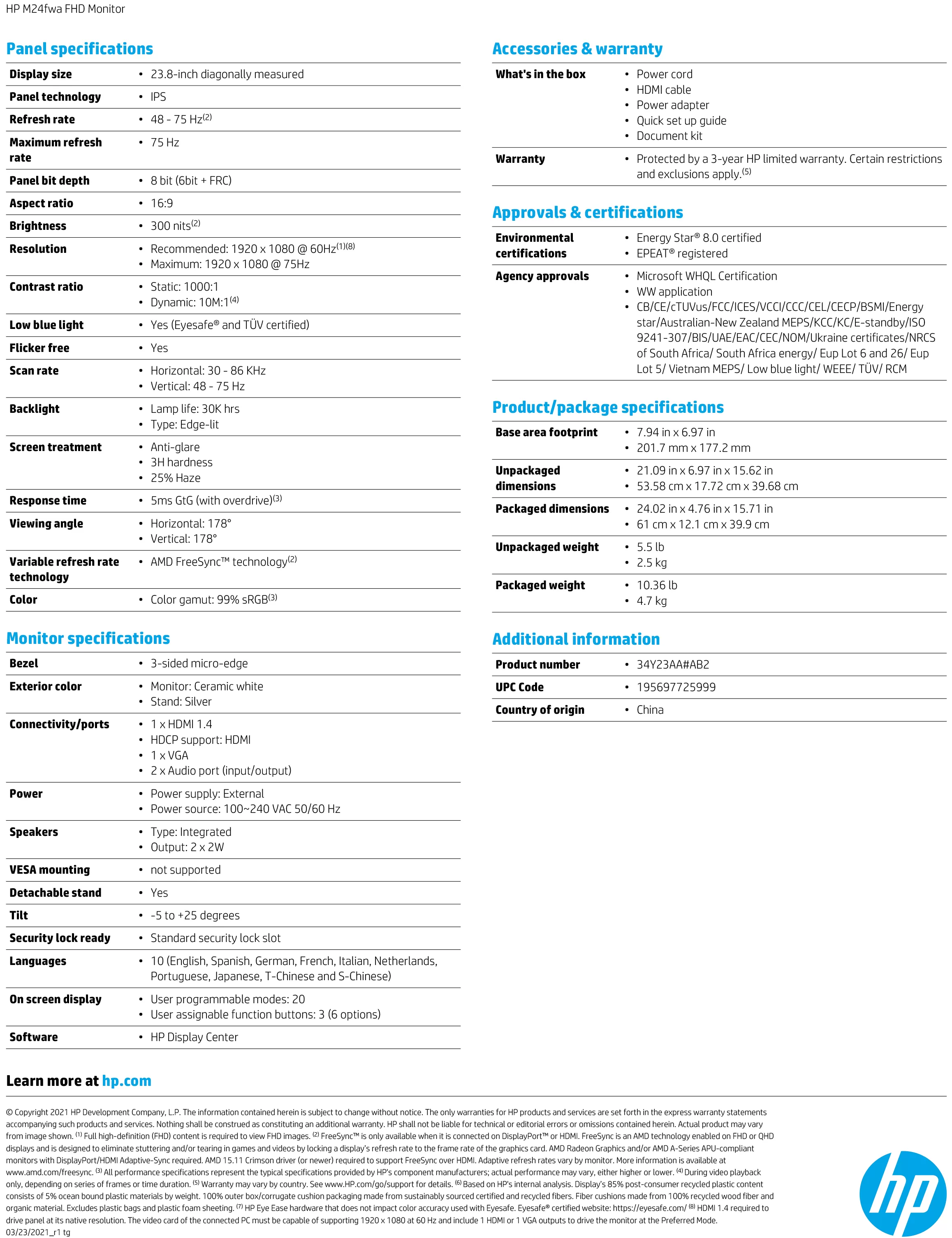 HP 惠普 M24fwa FHD 顯示器 (34Y23AA)
