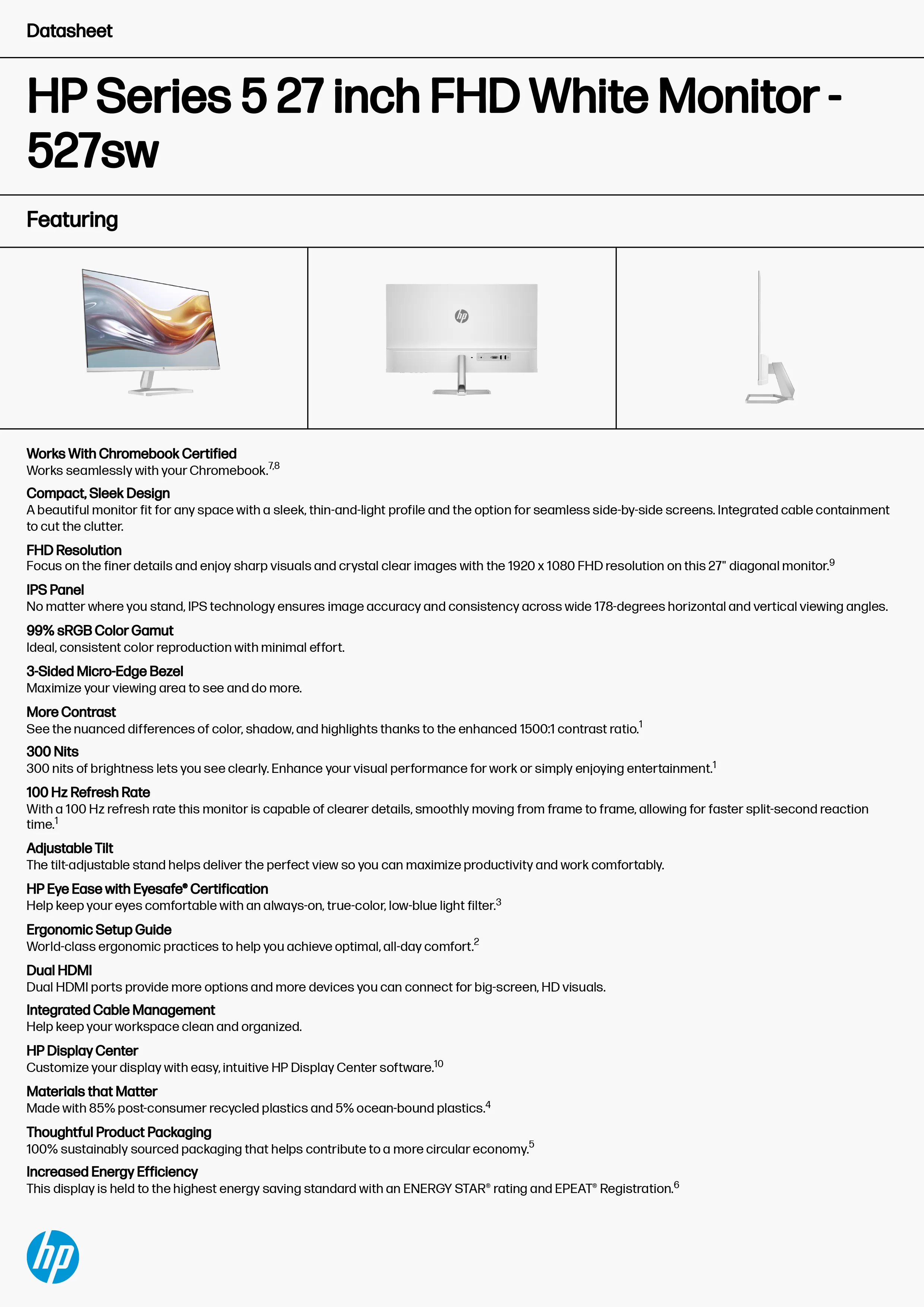 HP 惠普 Series 5 527sw 27 吋 FHD 白色顯示器 (94F47AA)