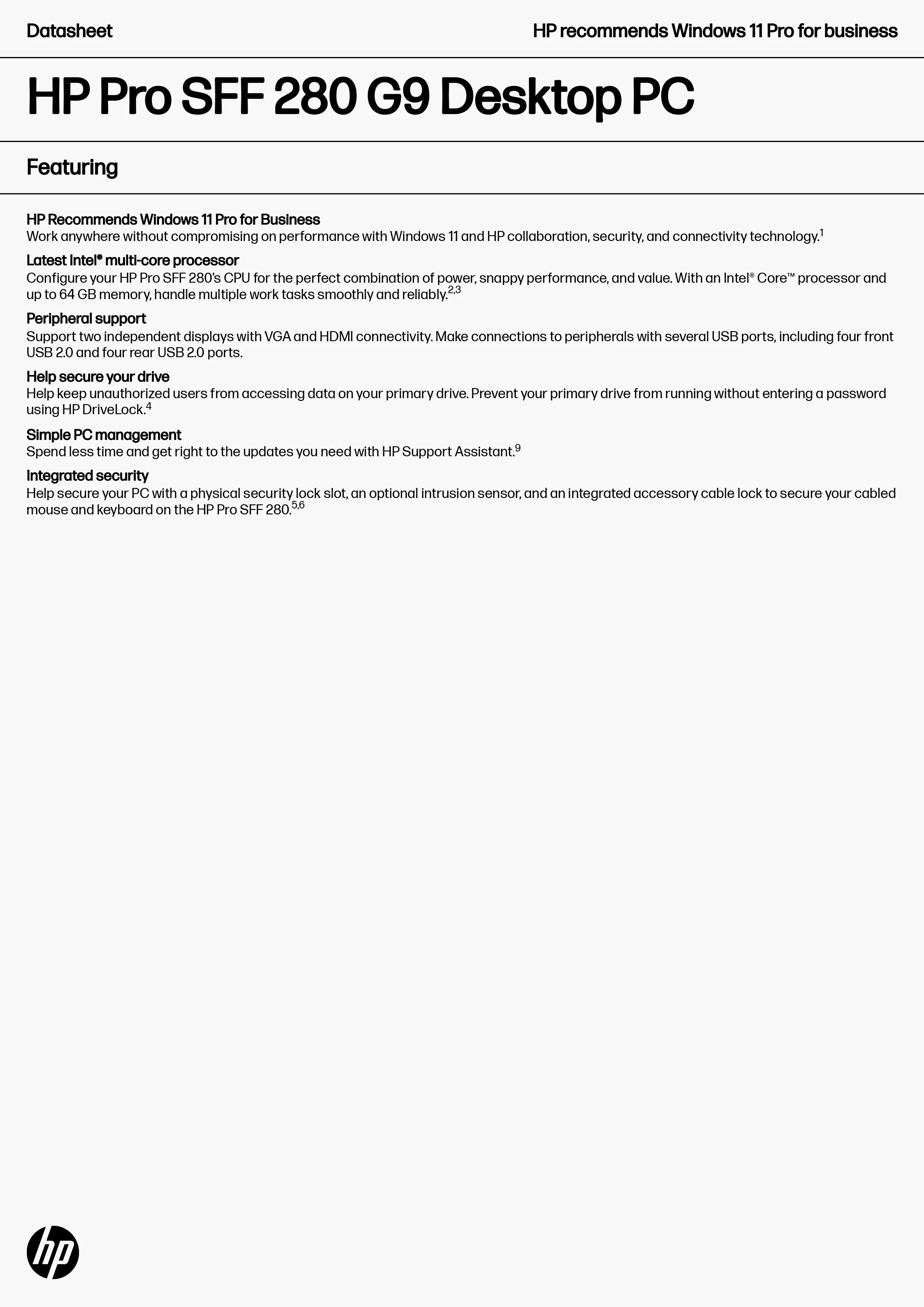 HP 惠普 Pro SFF 280 G9 桌上型電腦套件 (91Y93PA),91Y93PA,HP惠普ProSFF280G9桌上型電腦套件(91Y93PA),原廠保固,大量採購歡迎洽詢,商品特色