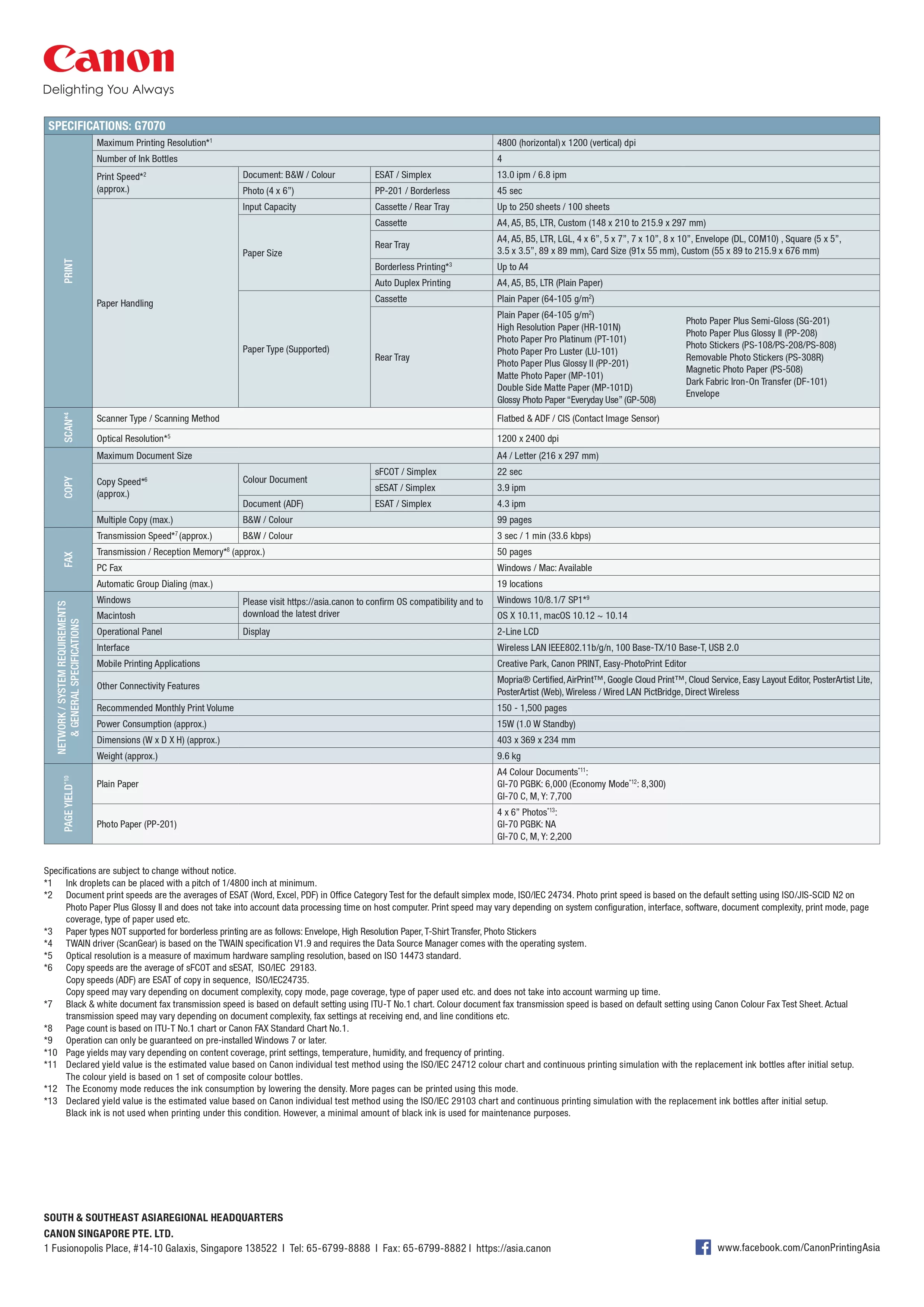 Canon 佳能 PIXMA G7070 商用連供傳真複合機