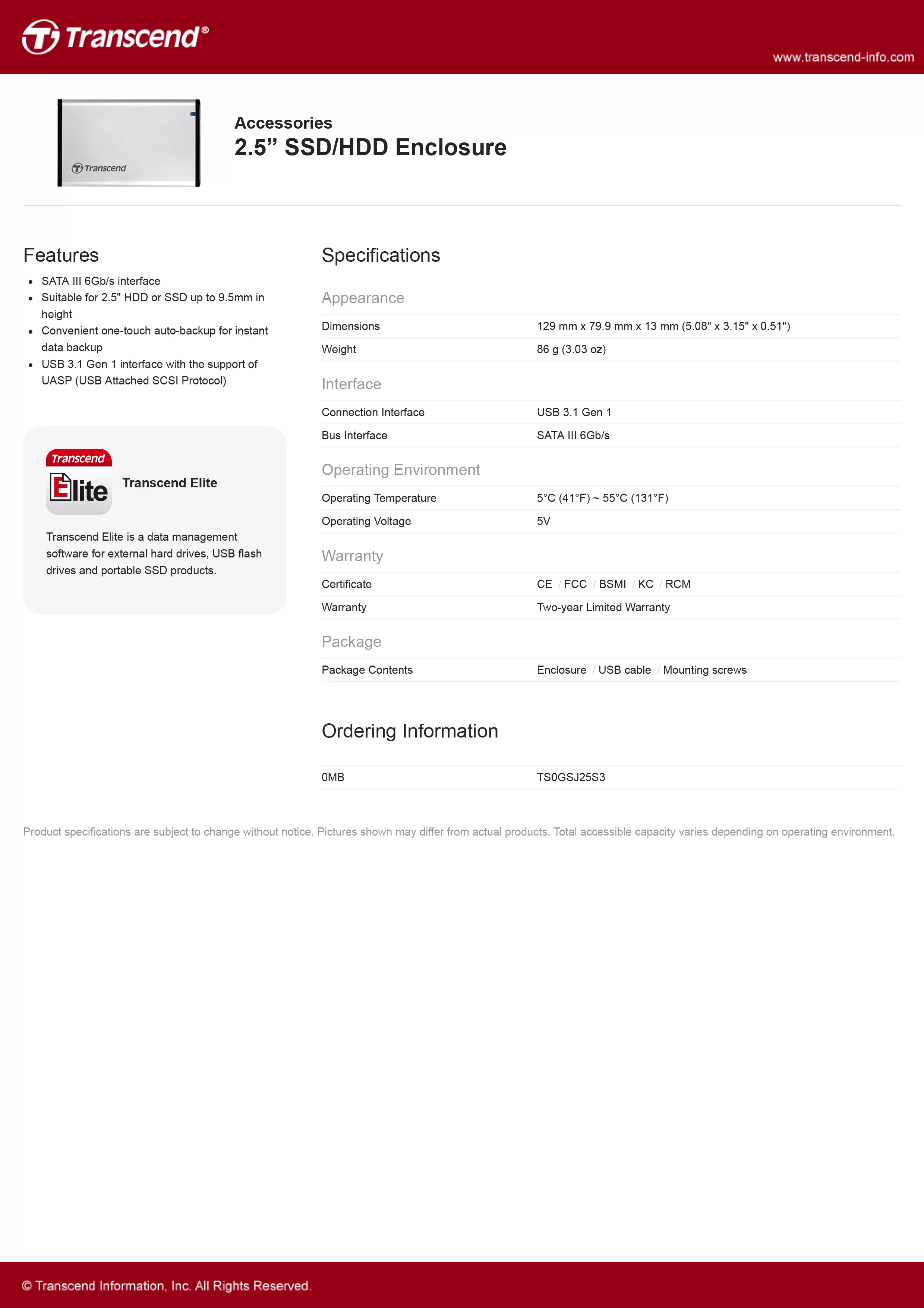 Transcend 創見 2.5吋SSD/HDD外接盒,實際價格以報價為主,TS0GSJ25S3,Transcend創見2.5吋SSD/HDD外接盒,原廠保固,台灣精品