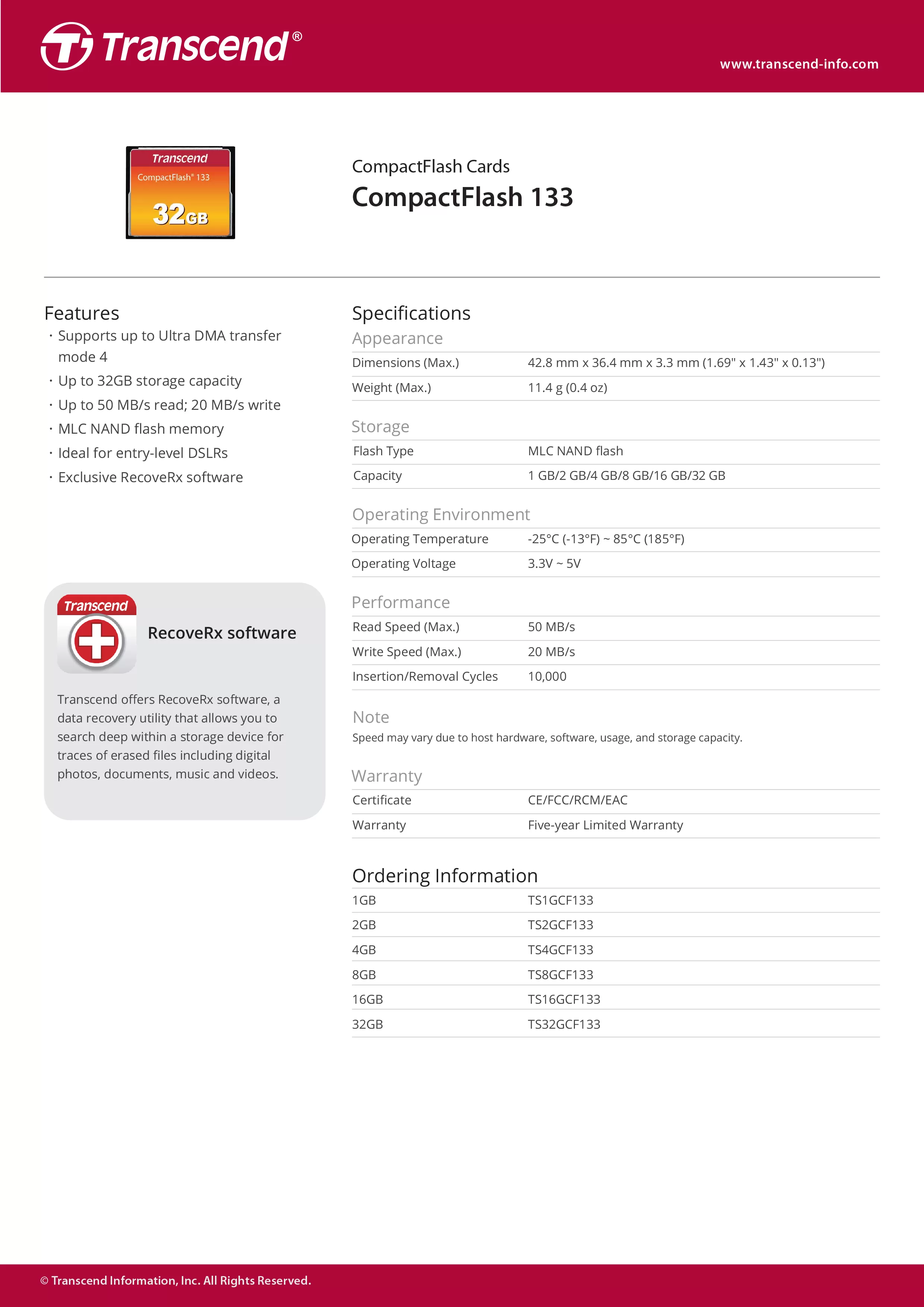 Transcend 創見 CompactFlash 133 記憶卡