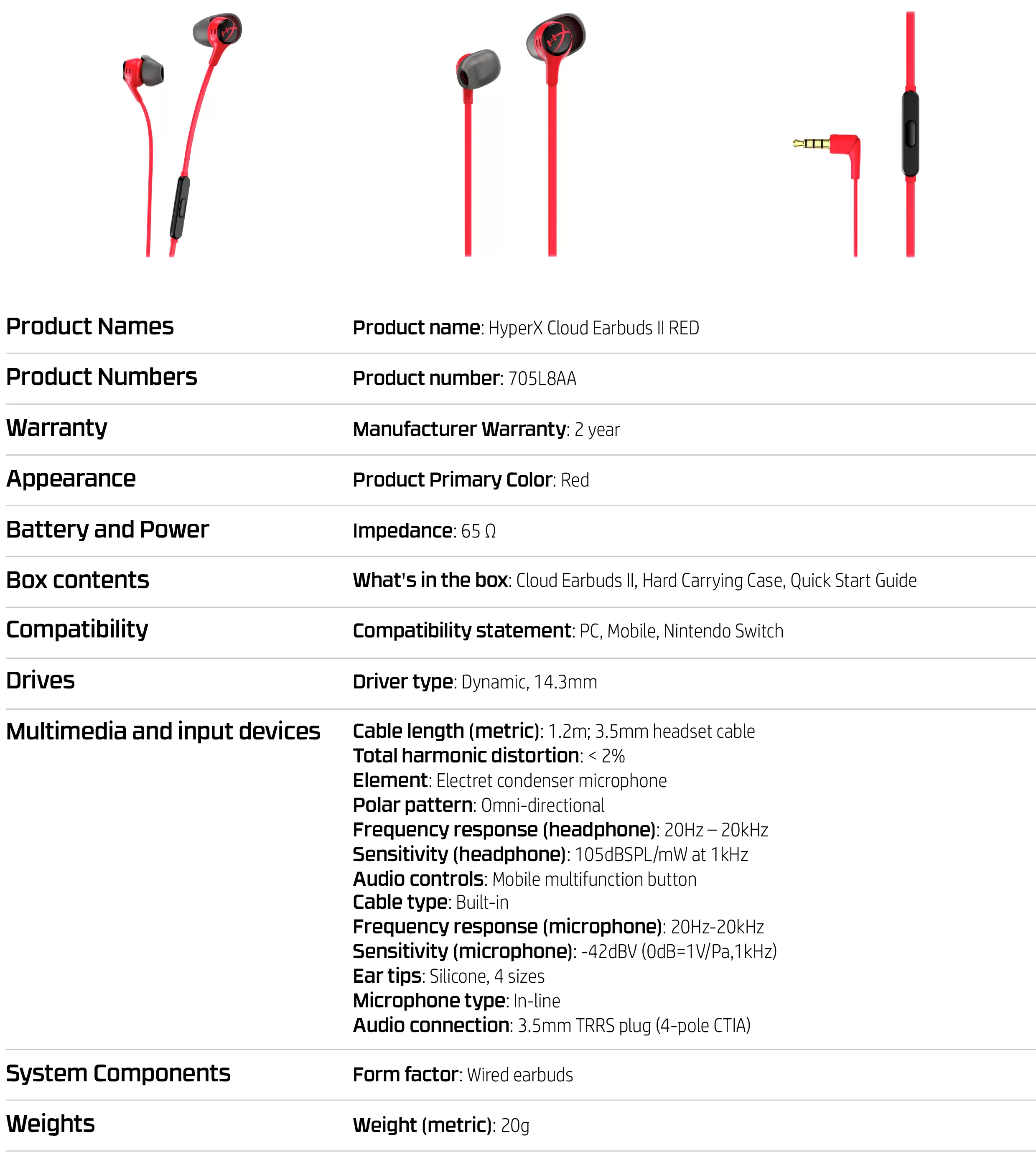 HyperX Cloud Earbuds II 入耳式耳機（紅）