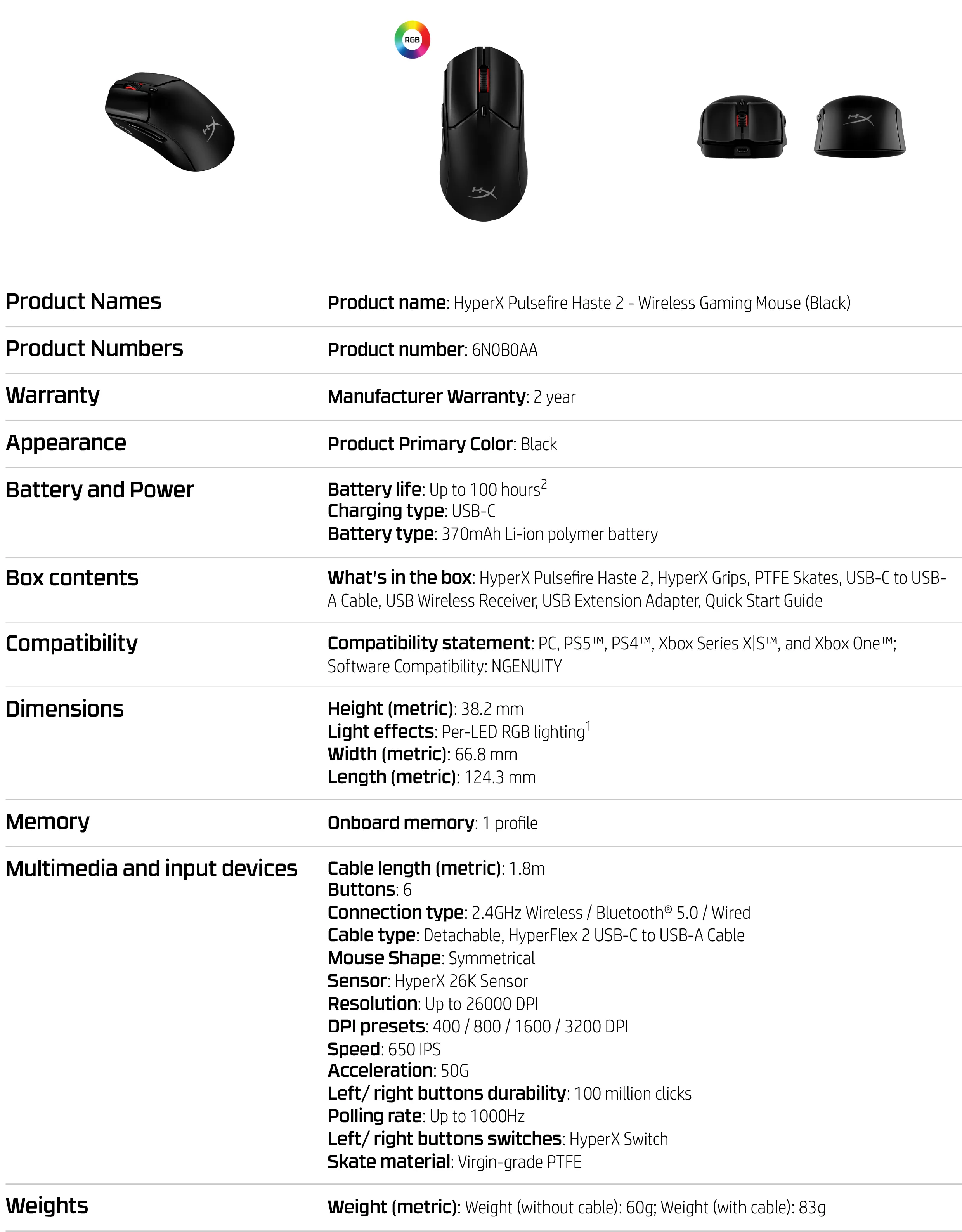 HyperX Pulsefire Haste 2 - 無線電競滑鼠（黑色）