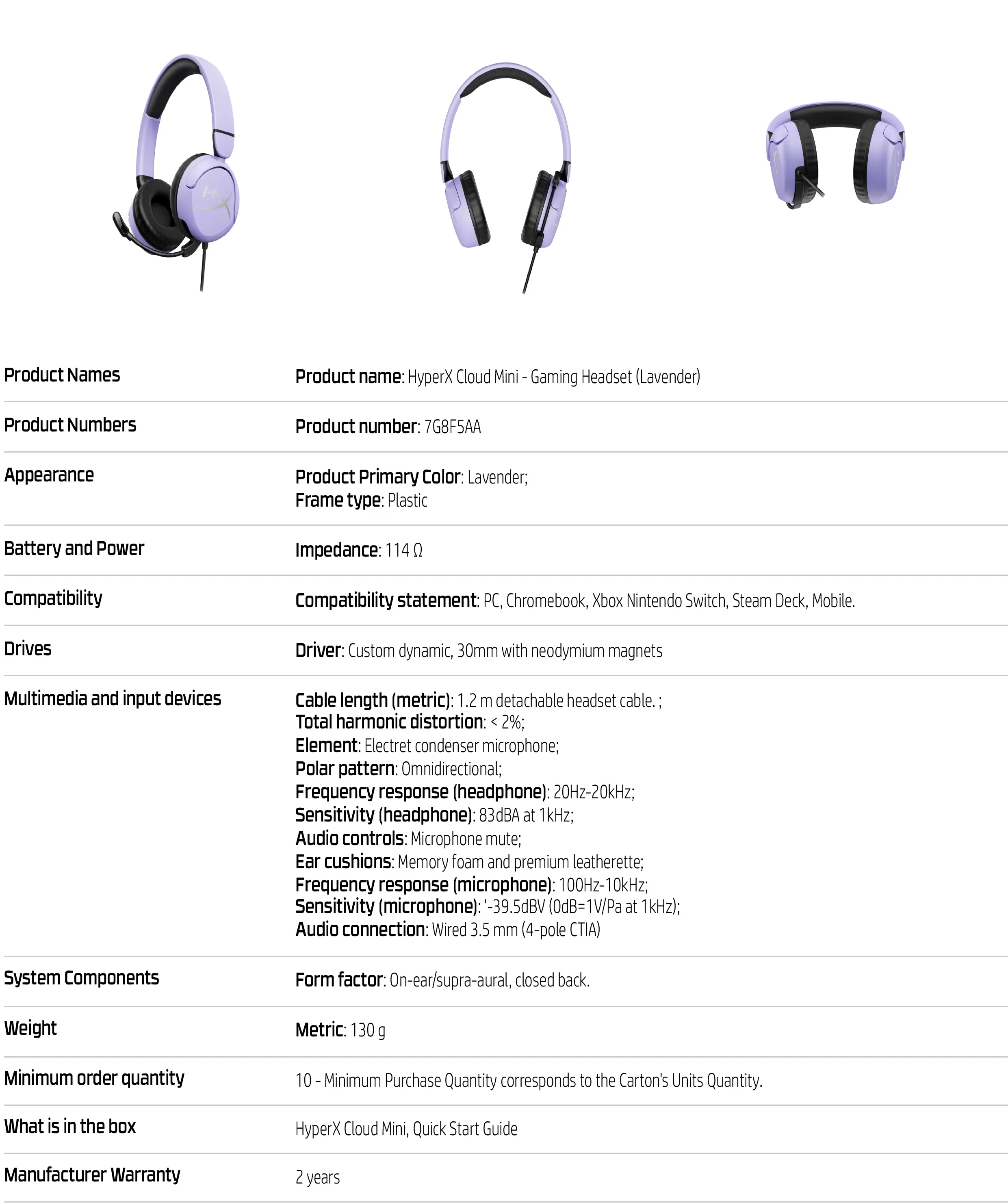 HyperX Cloud Mini - 電競耳機（淡紫色）