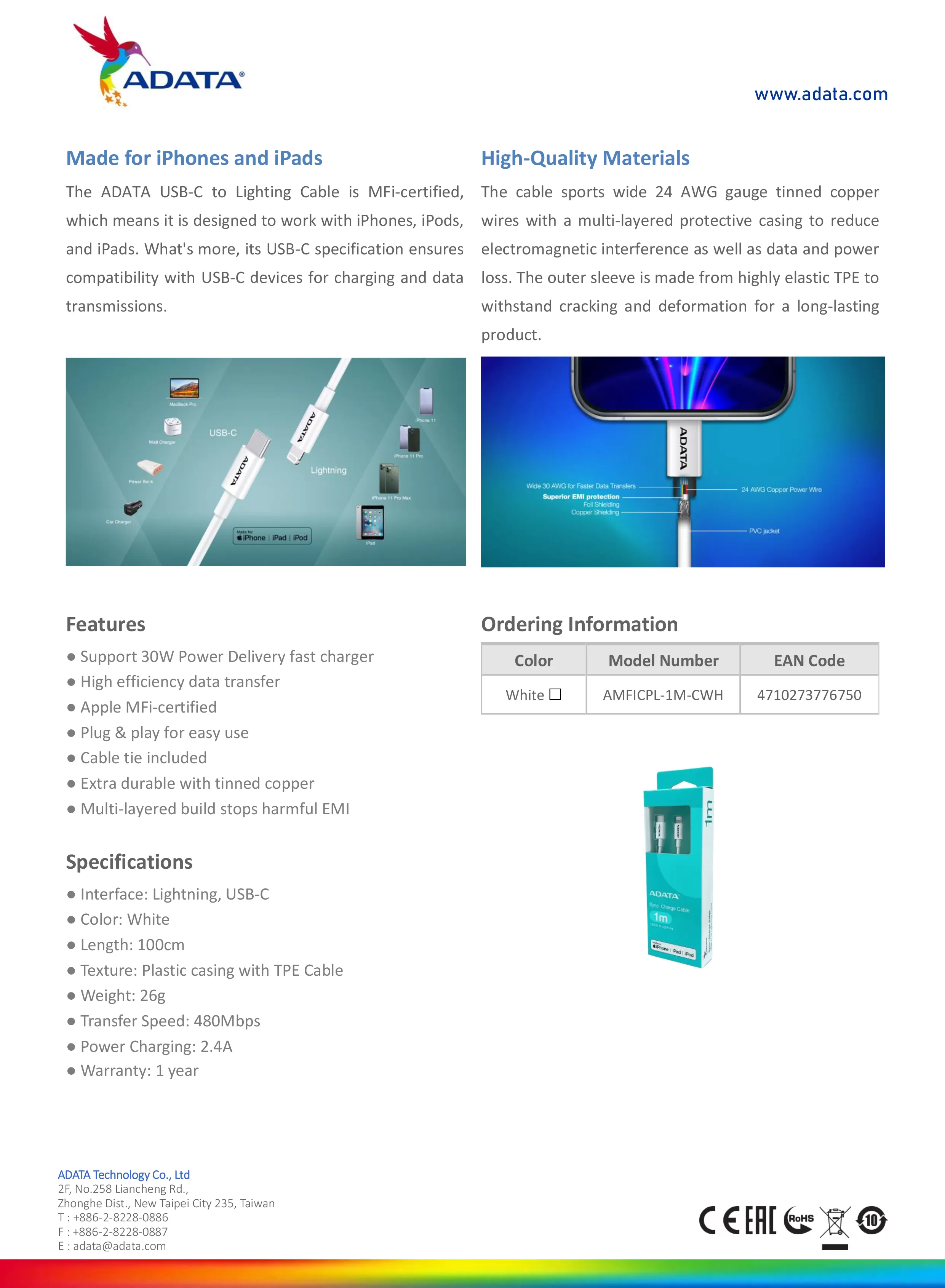 ADATA 威剛 USB-C 對 Lightning 充電傳輸線