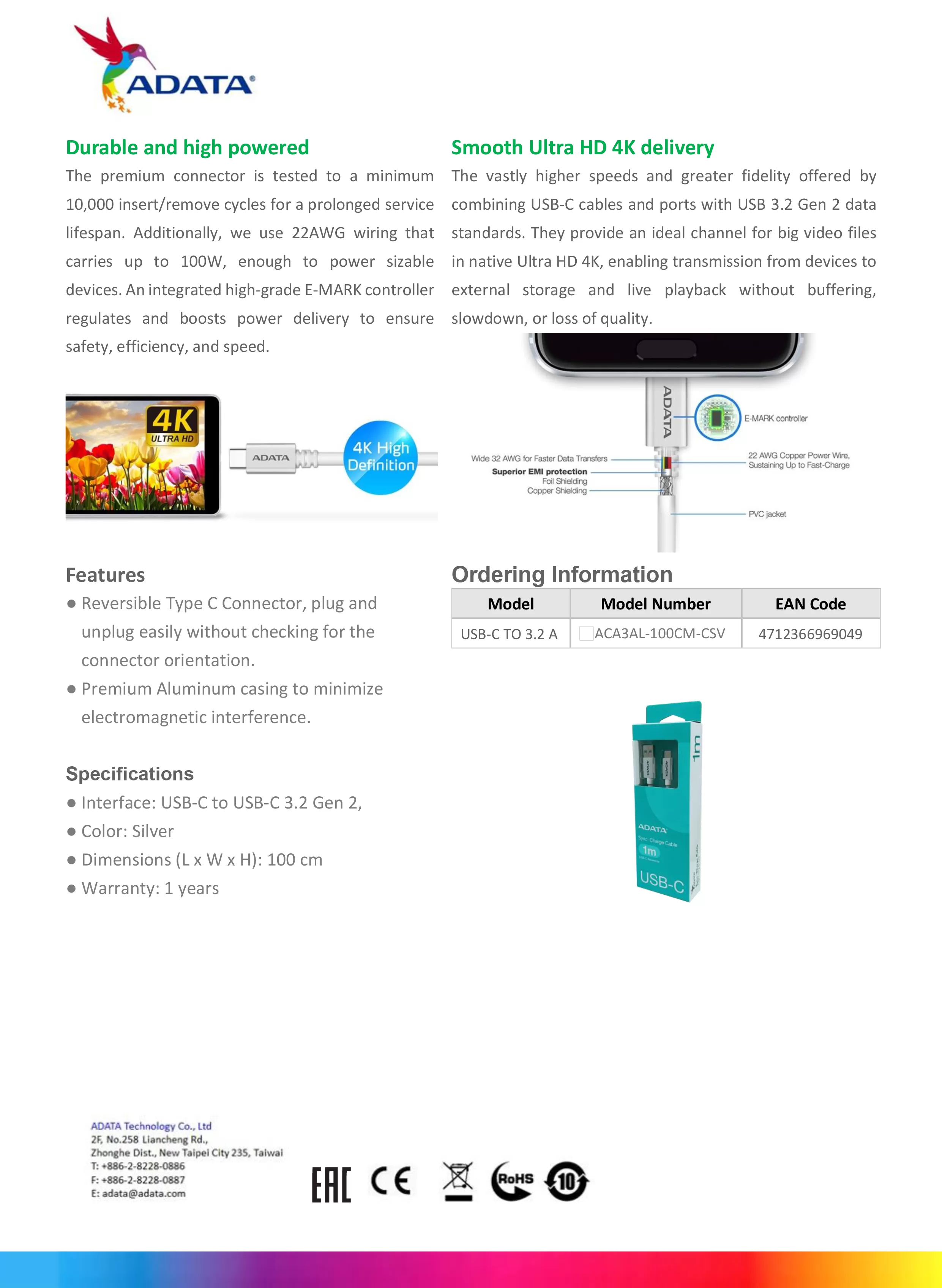 ADATA 威剛 USB-C to USB-A 3.2 充電傳輸線