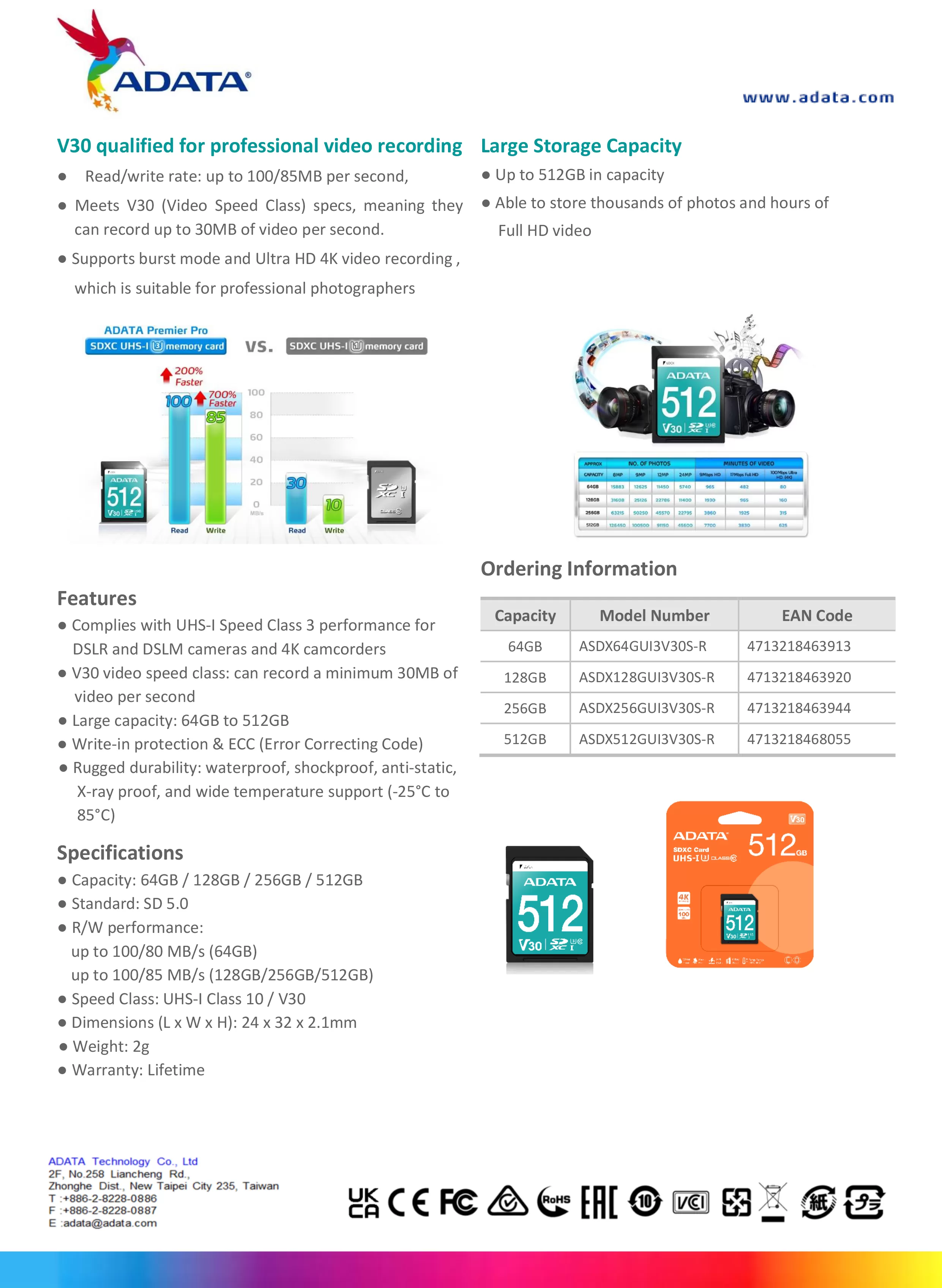 ADATA 威剛 Premier Pro SDXC UHS-I U3 Class 10 (V30S)