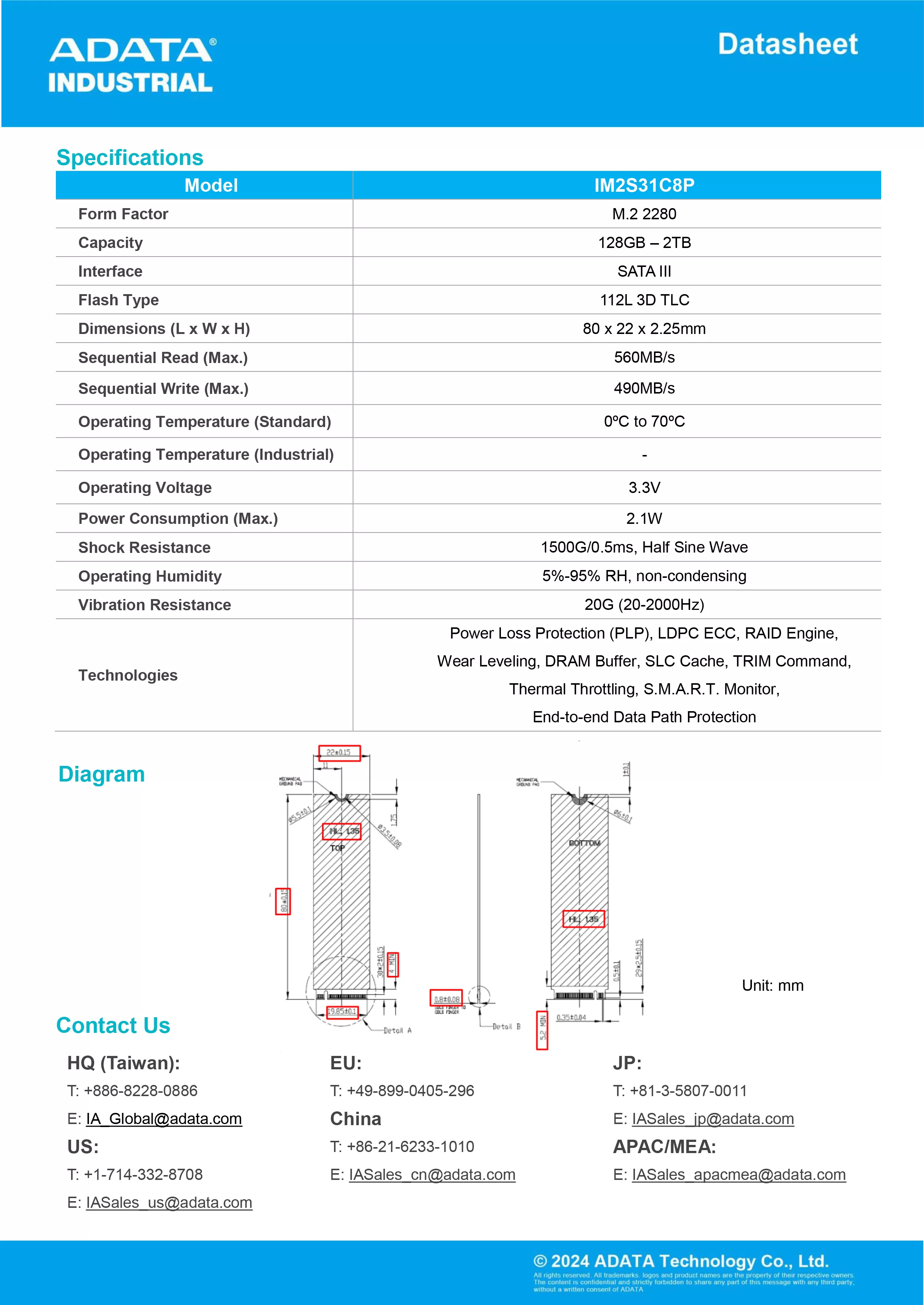 ADATA 威剛 IM2S31C8P 工業級 SATA SSD