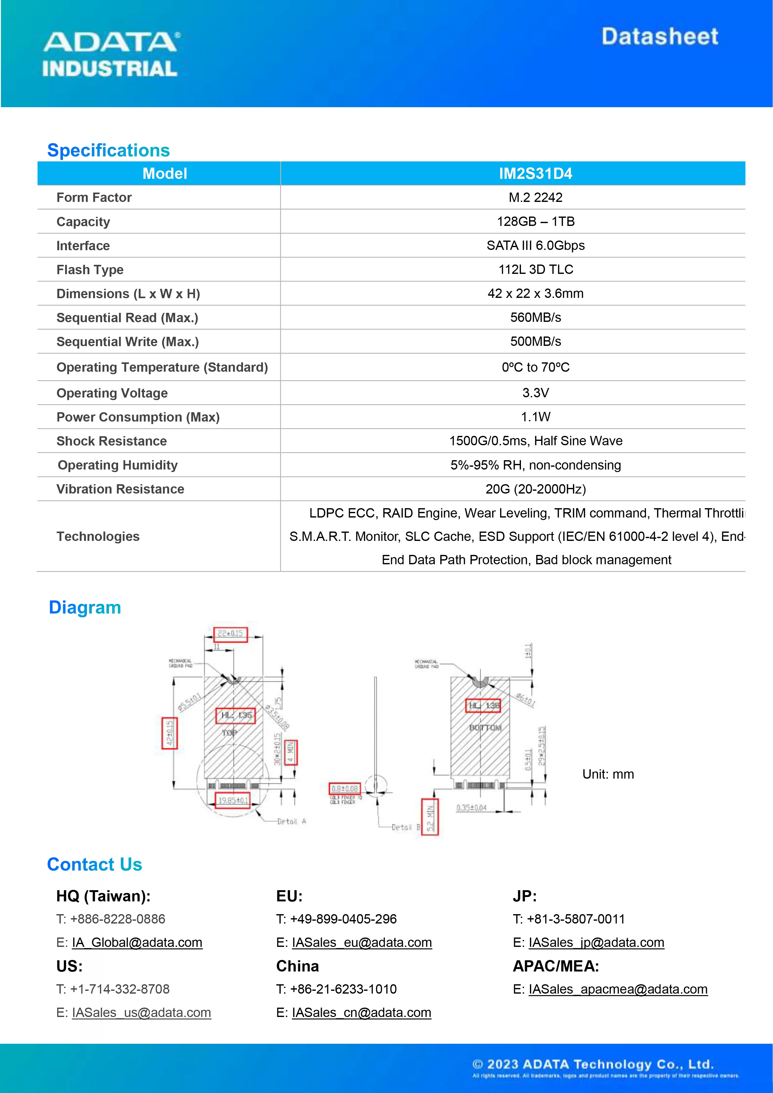 ADATA 威剛 IM2S31D4 工業級 SATA SSD