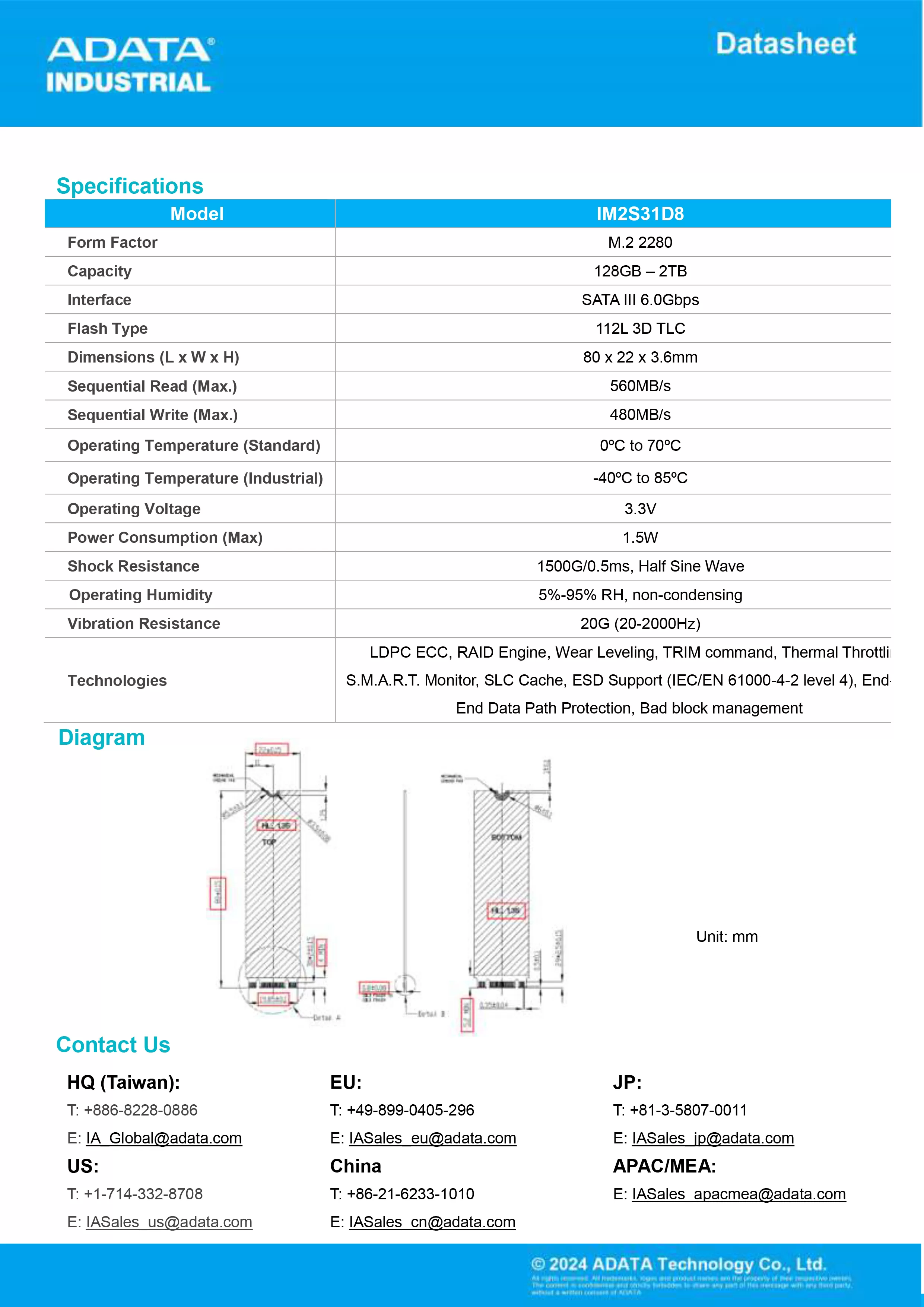 ADATA 威剛 IM2S31D8 工業級 SATA SSD