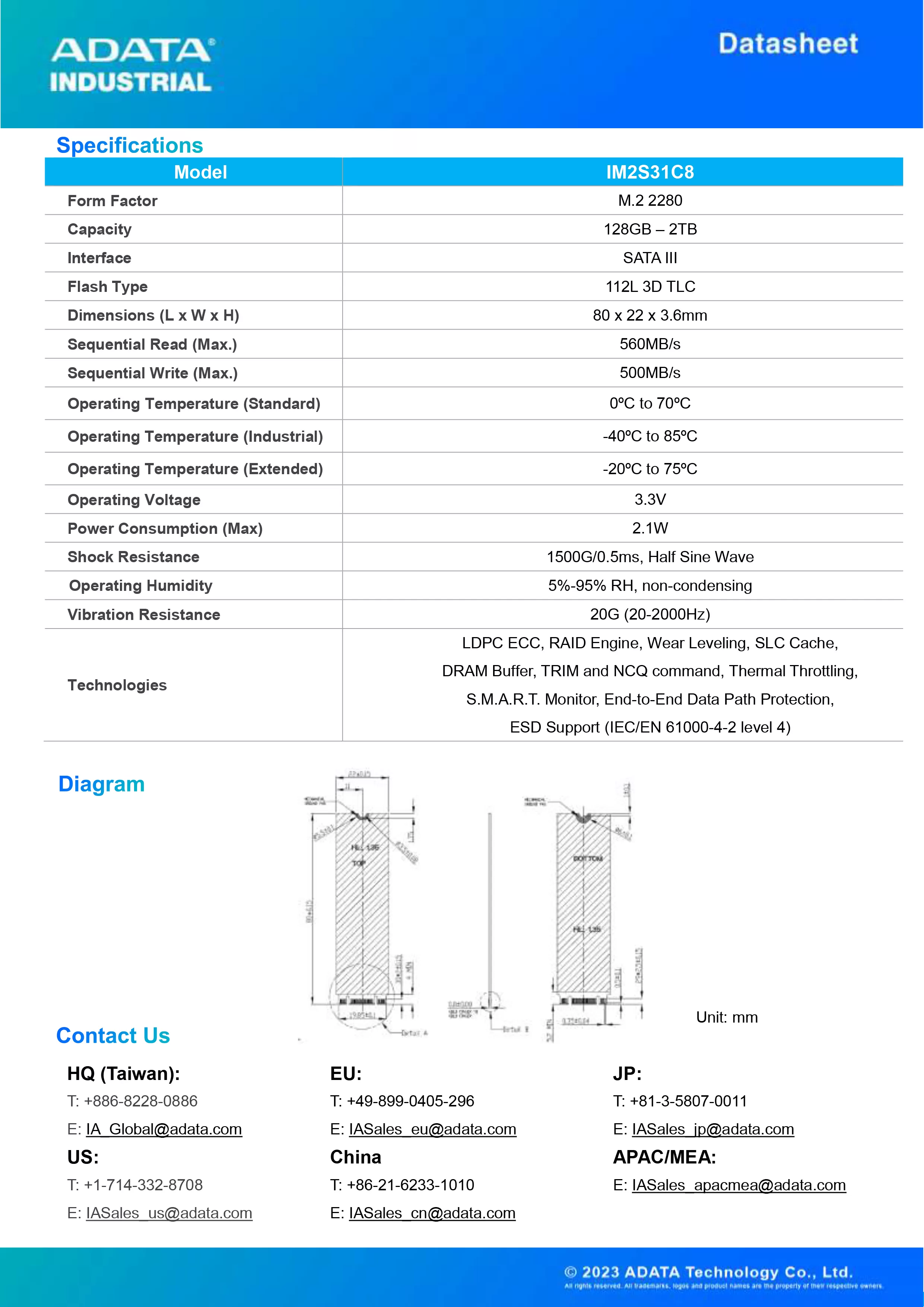 ADATA 威剛 IM2S31C8 工業級 SATA SSD