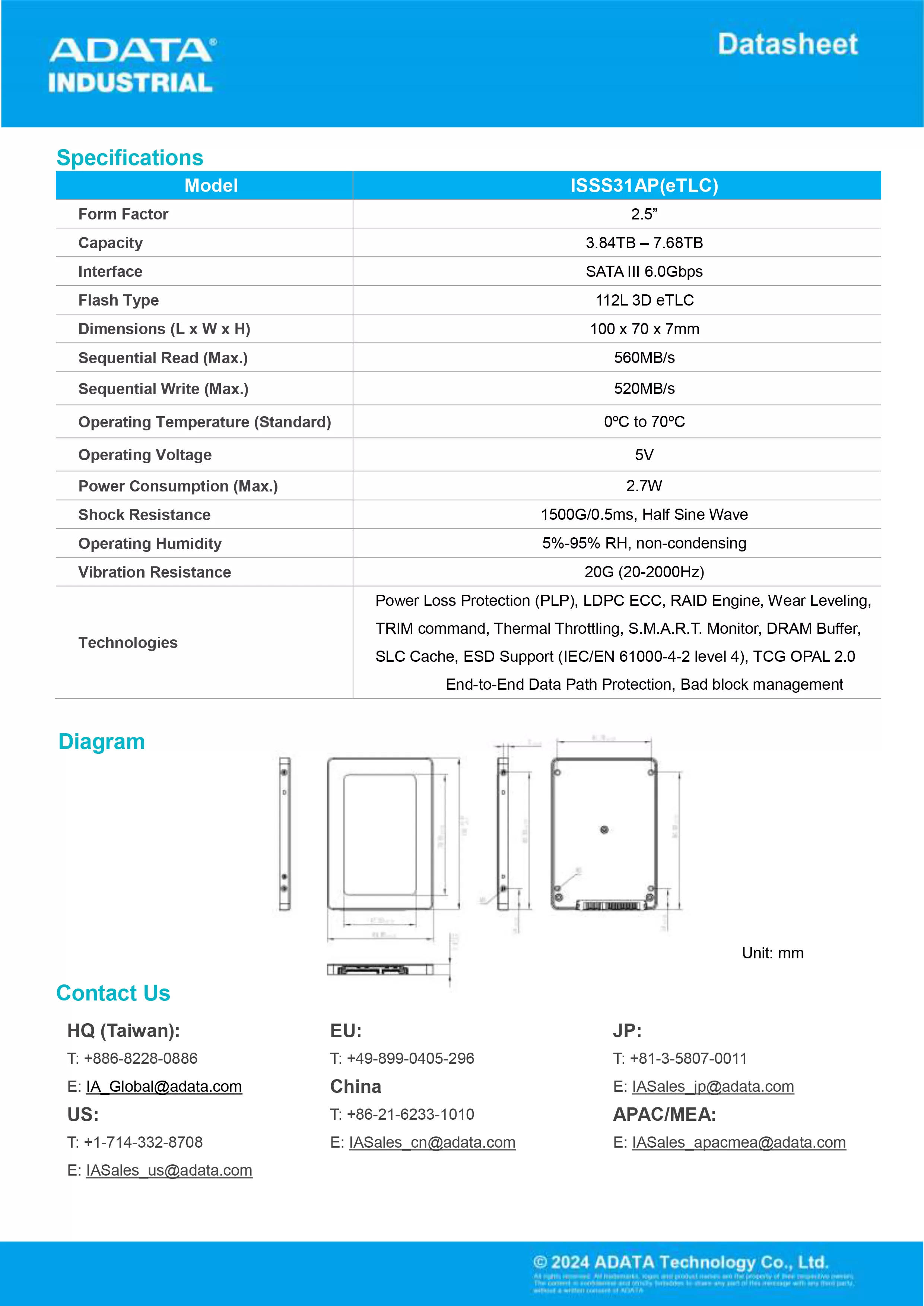 ADATA 威剛 ISSS31AP (eTLC) 工業級 SATA SSD