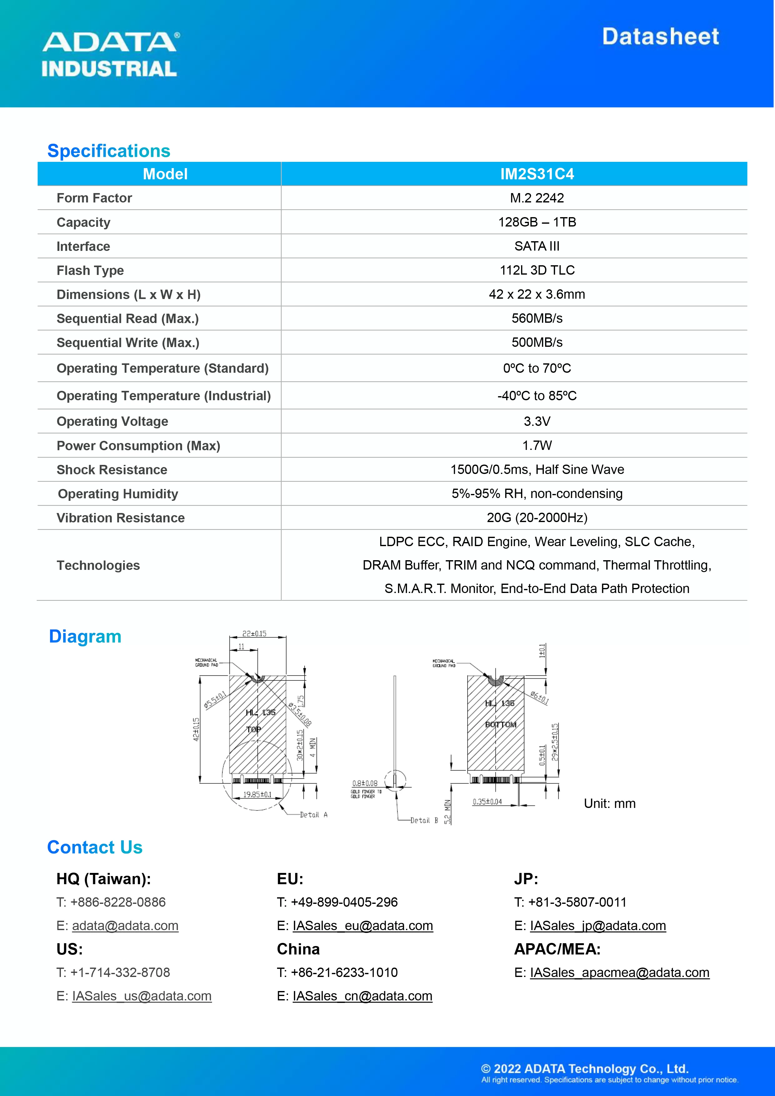 ADATA 威剛 IM2S31C4 工業級 SATA SSD