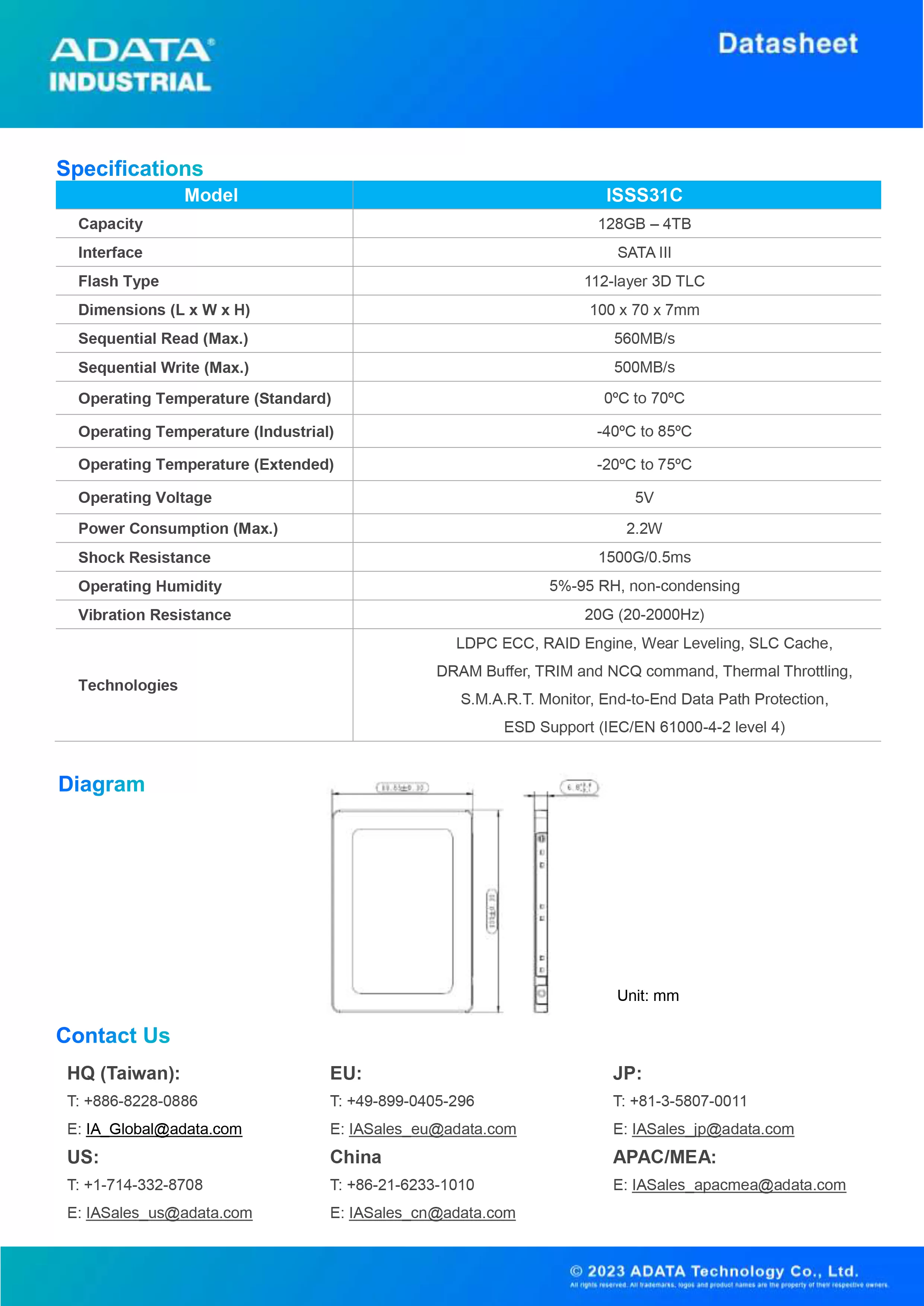 ADATA 威剛 ISSS31C 工業級 SATA SSD