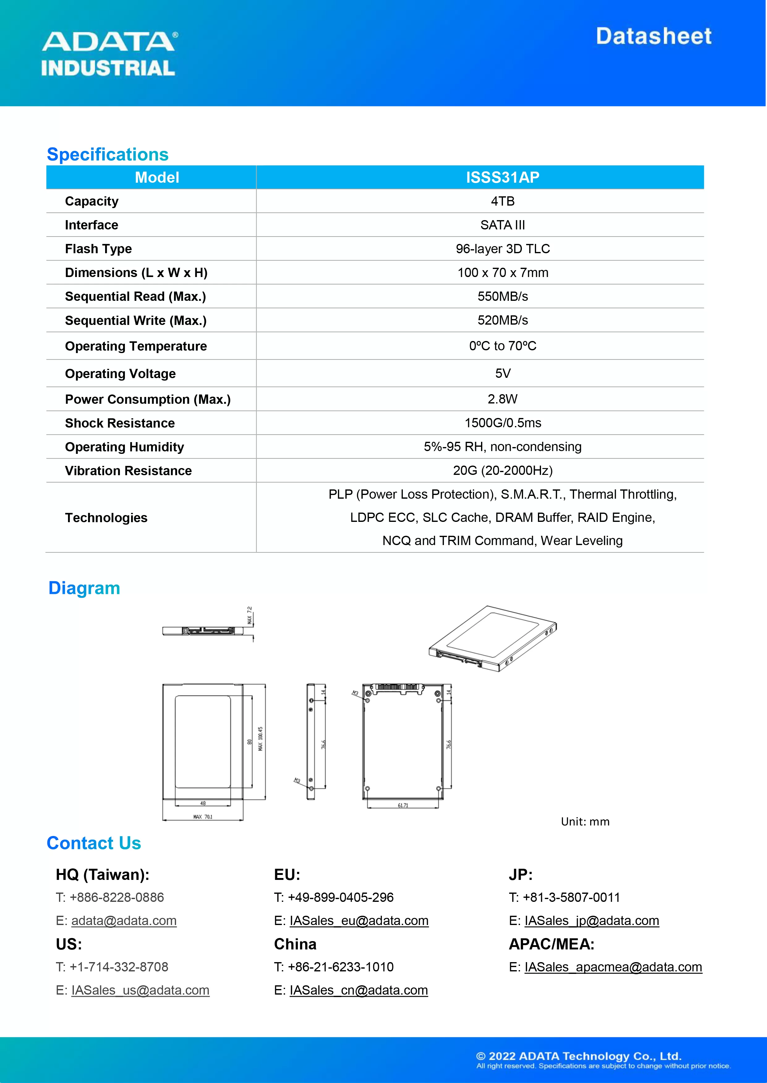 ADATA 威剛 ISSS31AP 工業級 SATA SSD