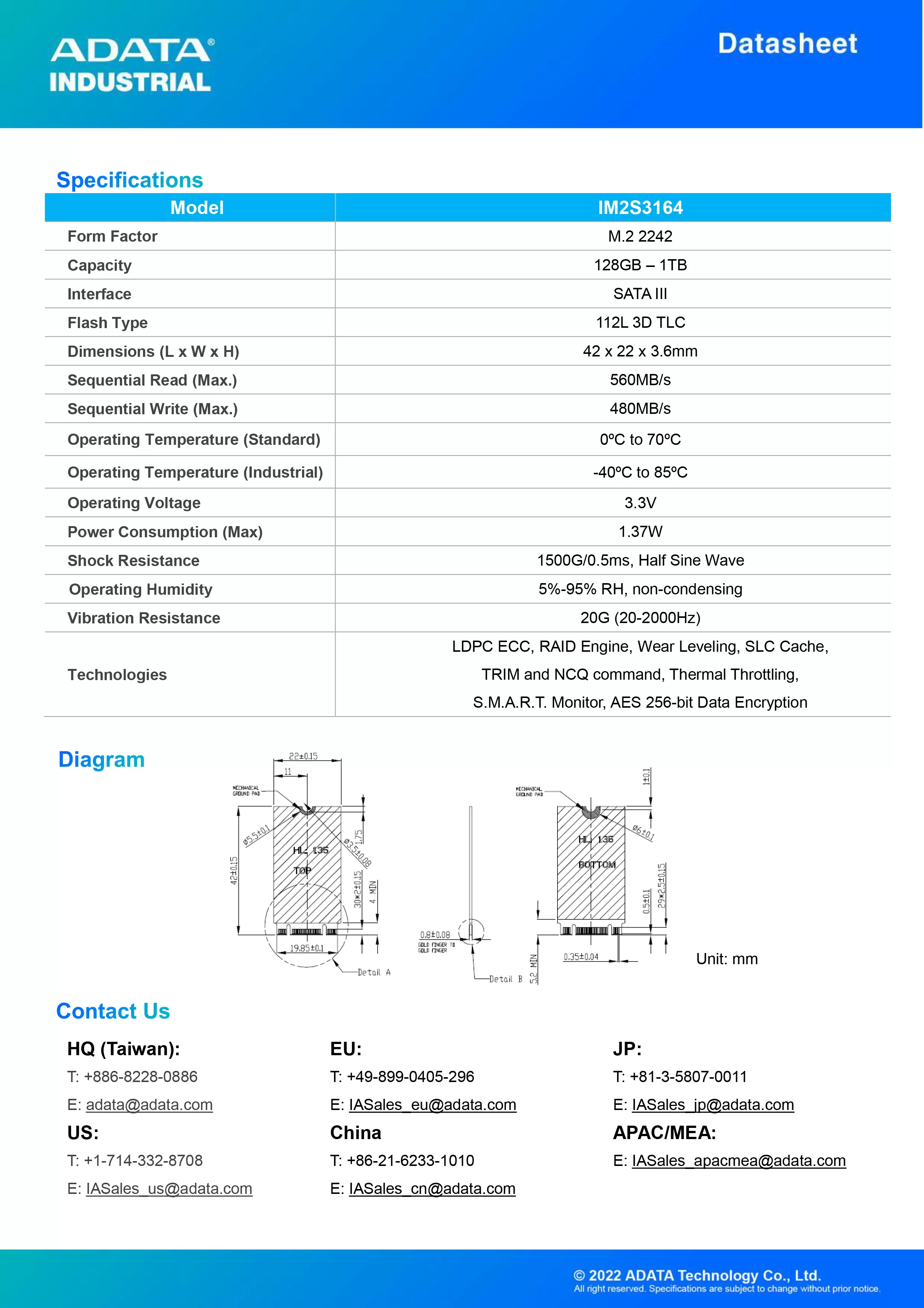 ADATA 威剛 IM2S3164 工業級 SATA SSD